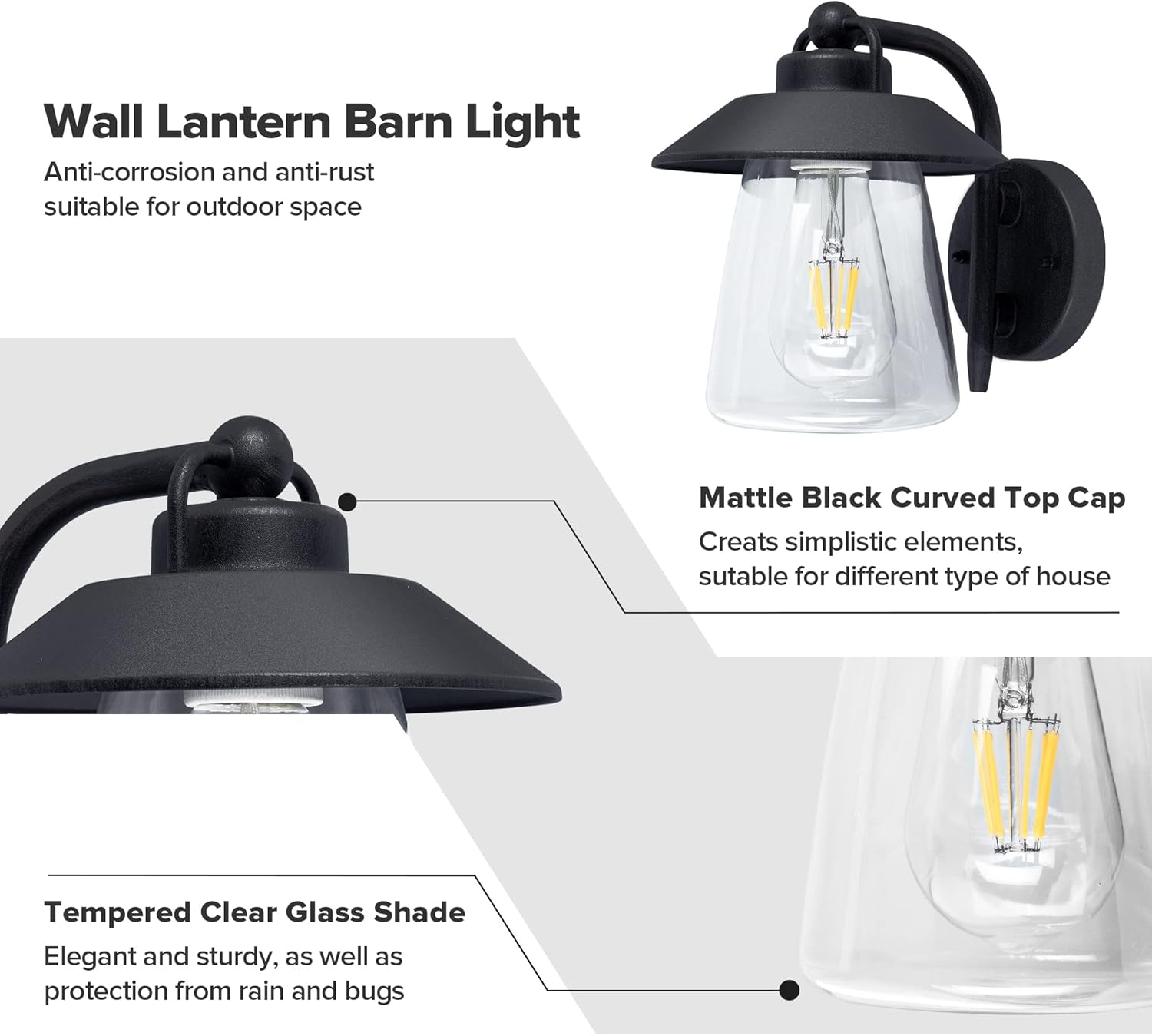 Outdoor Indoor Wall Lantern, Farmhouse Barn Wall Sconce Lighting Fixture,Matte Black Finish Anti-Rust Wall Mount Light, Waterproof Wall lamp with Clear Glass for Porch, Exterior, Patio