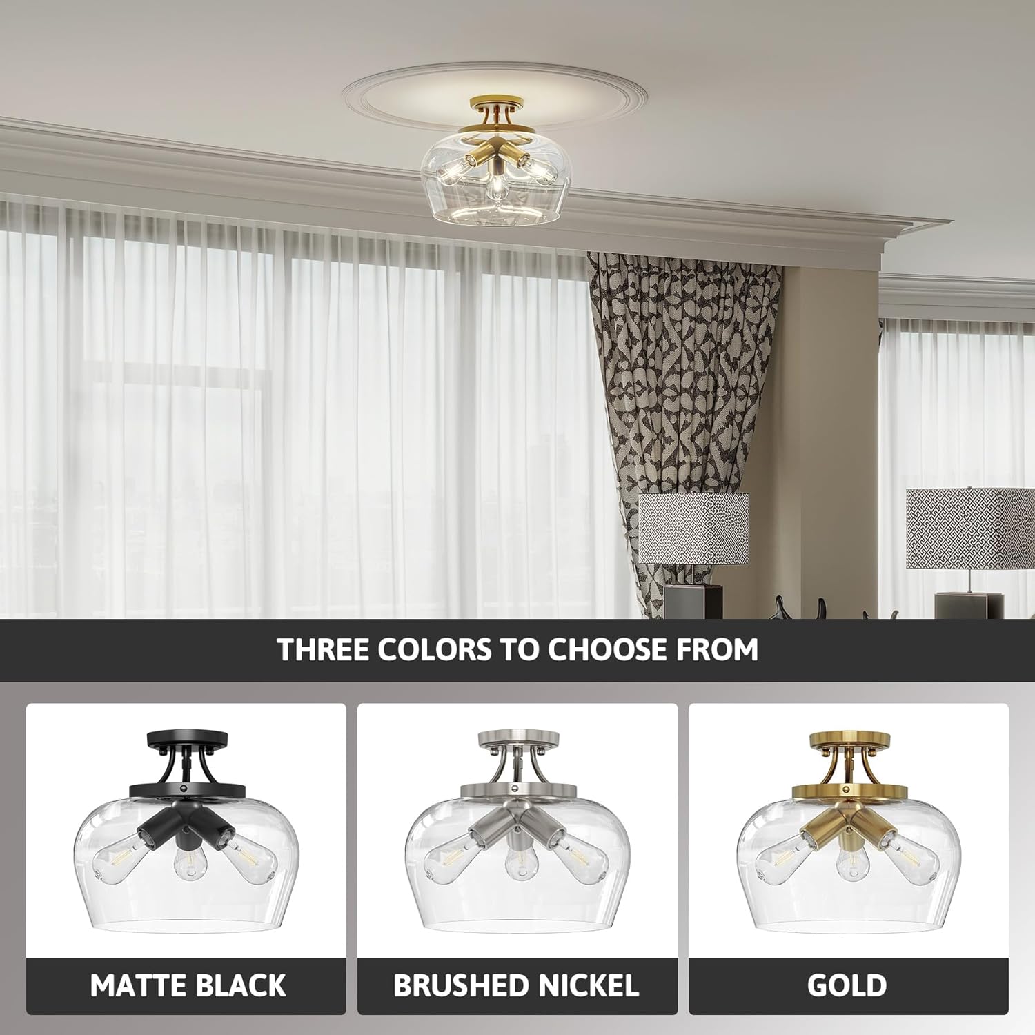 Semi Flush Mount Ceiling Light, 3-Bulb Gold Ceiling Light Fixture with Clear Glass Shade, 13.8" Industrial Ceiling Light Fixture for Hallway Foyer Kitchen Entryway Bedroom, E26 Base