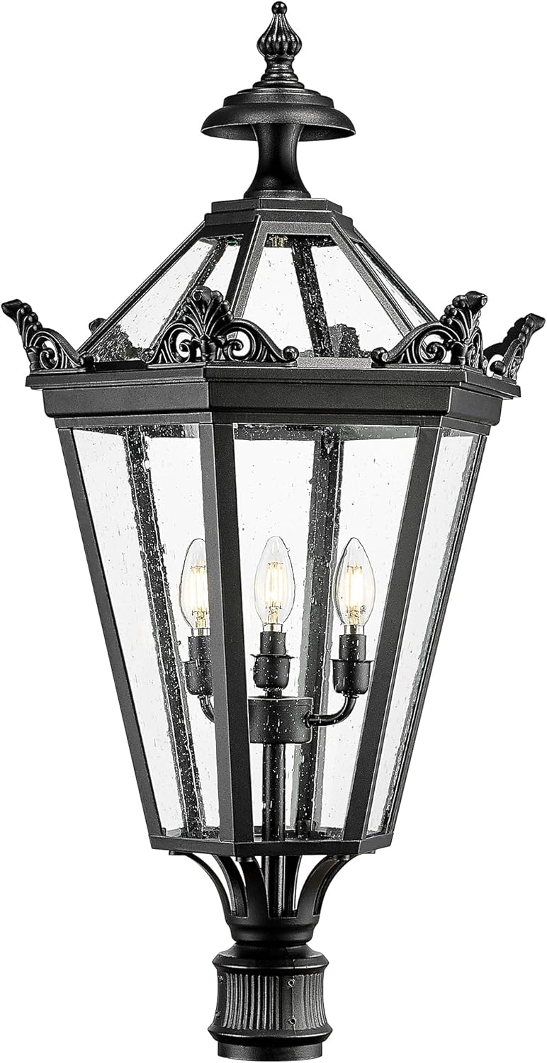 32 Inch Outdoor Front Door Hanging Light, Farmhouse Exterior Pendant Lantern Waterproof Ceiling Mount with Seeded Glass, Black Finish, XE283H BK