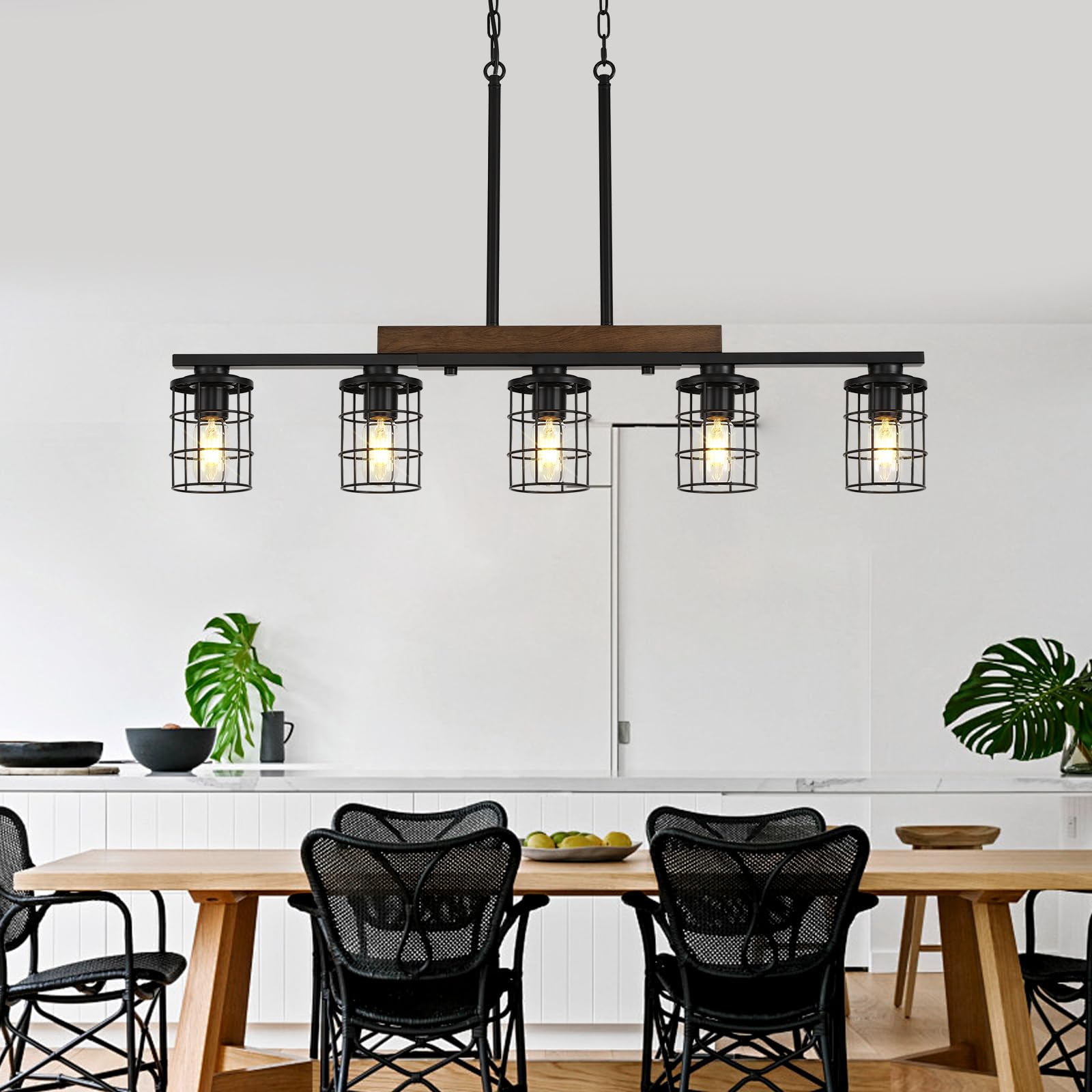 Dining Room Light Fixture/Chandelier Over Table, 36.2-Inch Hanging for Farmhouse Linear Chandeliers,5-Light Kitchen Island Lighting, Black Rustic Wooden Ceiling Chandelier,with metal lampshade