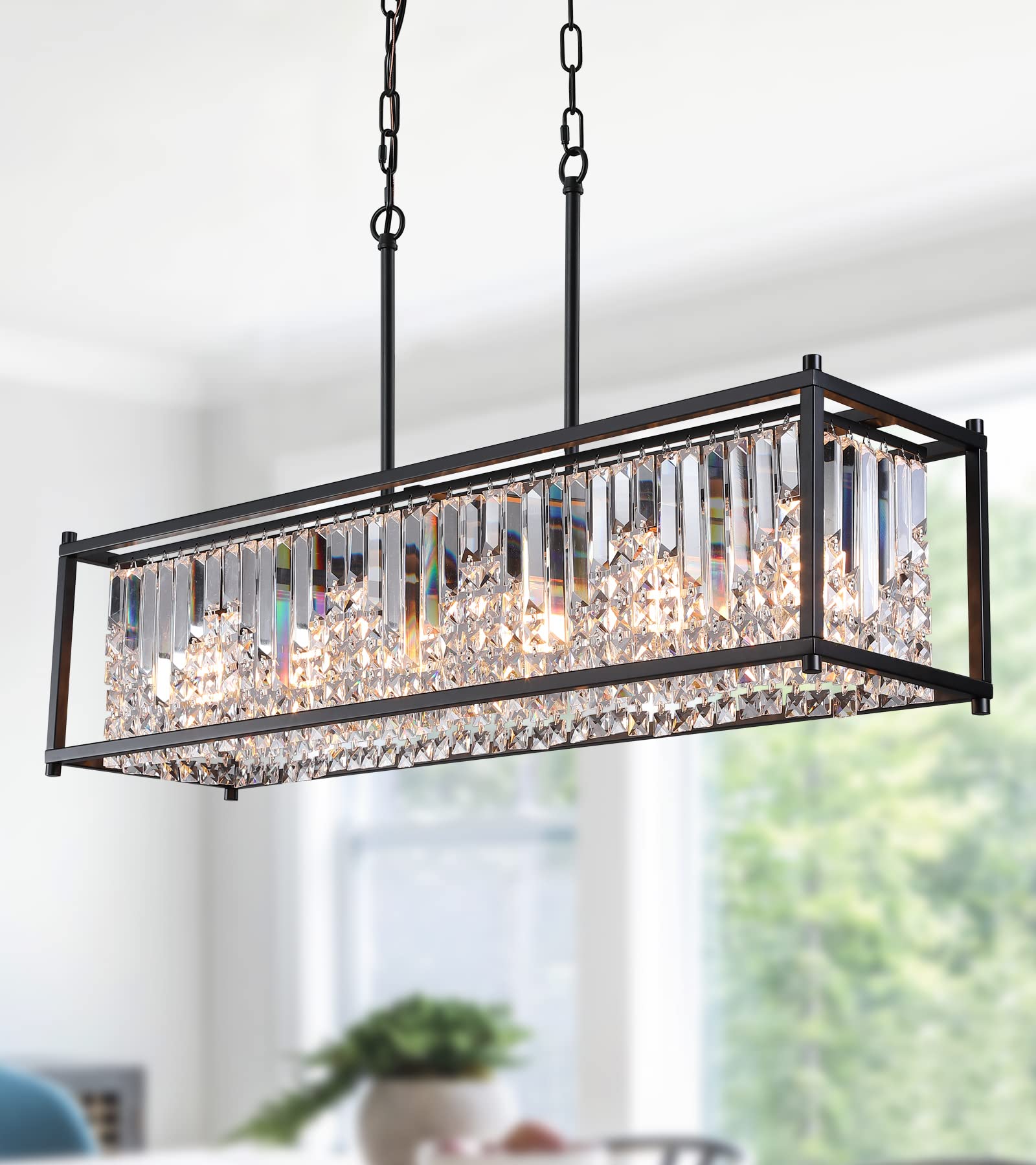 Q&S Modern Crystal Chandelier for Dining Room,Black Rectangular Farmhouse Industrial Pendant 6 Lights for Kitchen Island Bar Living Room Pool Table L37.5 UL Listed