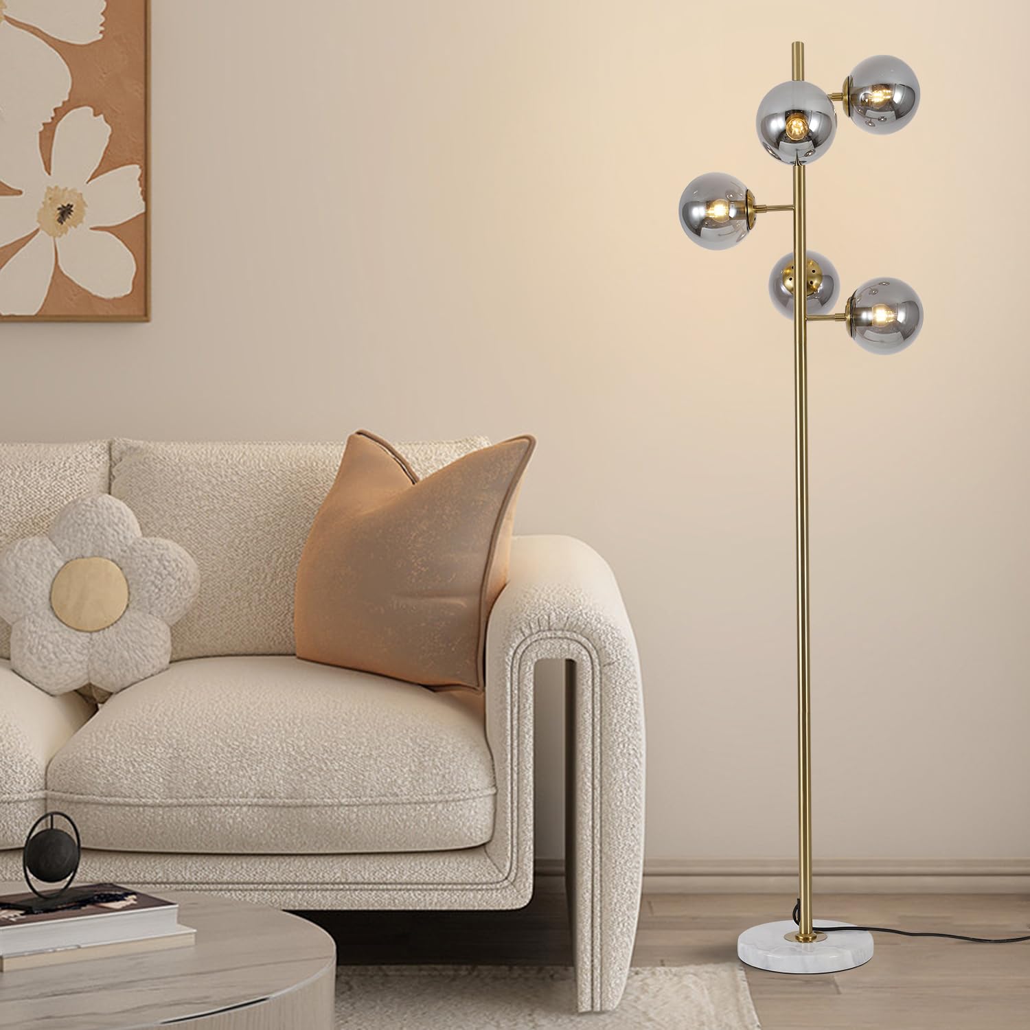 Lighting 5-Light Frosted White Glass Globe Floor Lamp Mid Century Modern Gold Tall Pole Standing Light LED Standing Lamps with Foot Switch for Home Office (Gold)