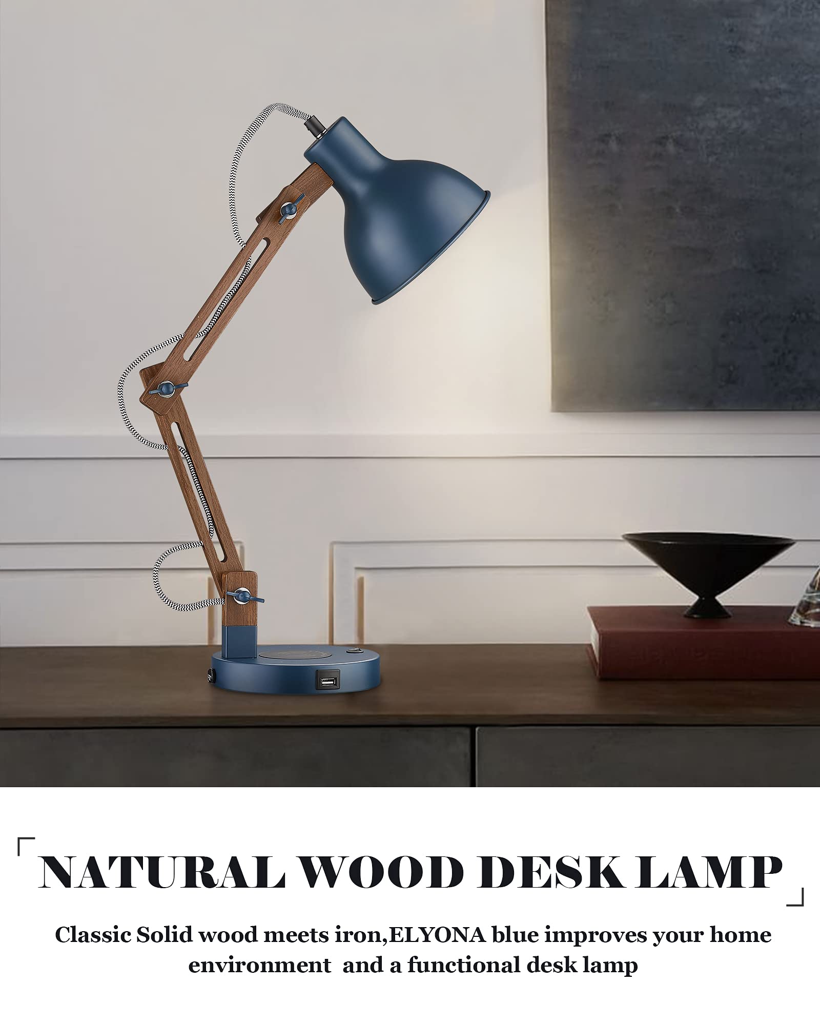 Industrial Table Lamp, Sapele Wood Desk Lamp with Upgraded Wireless Charger & USB C Port, Swing Arm Reading Task Light for Farmhouse, Dorm Office, Bedroom Livingroom, LED Bulb Included, Grey