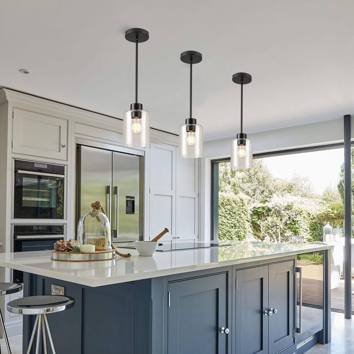 3 Lights Pendant Lighting for Kitchen Island,3 Tier Linear Pendant Chandeliers with 1 Base,Modern Farmhouse Island Light with Clear Glass,Adjustable (Black Island 3 Tier Stem Rod)