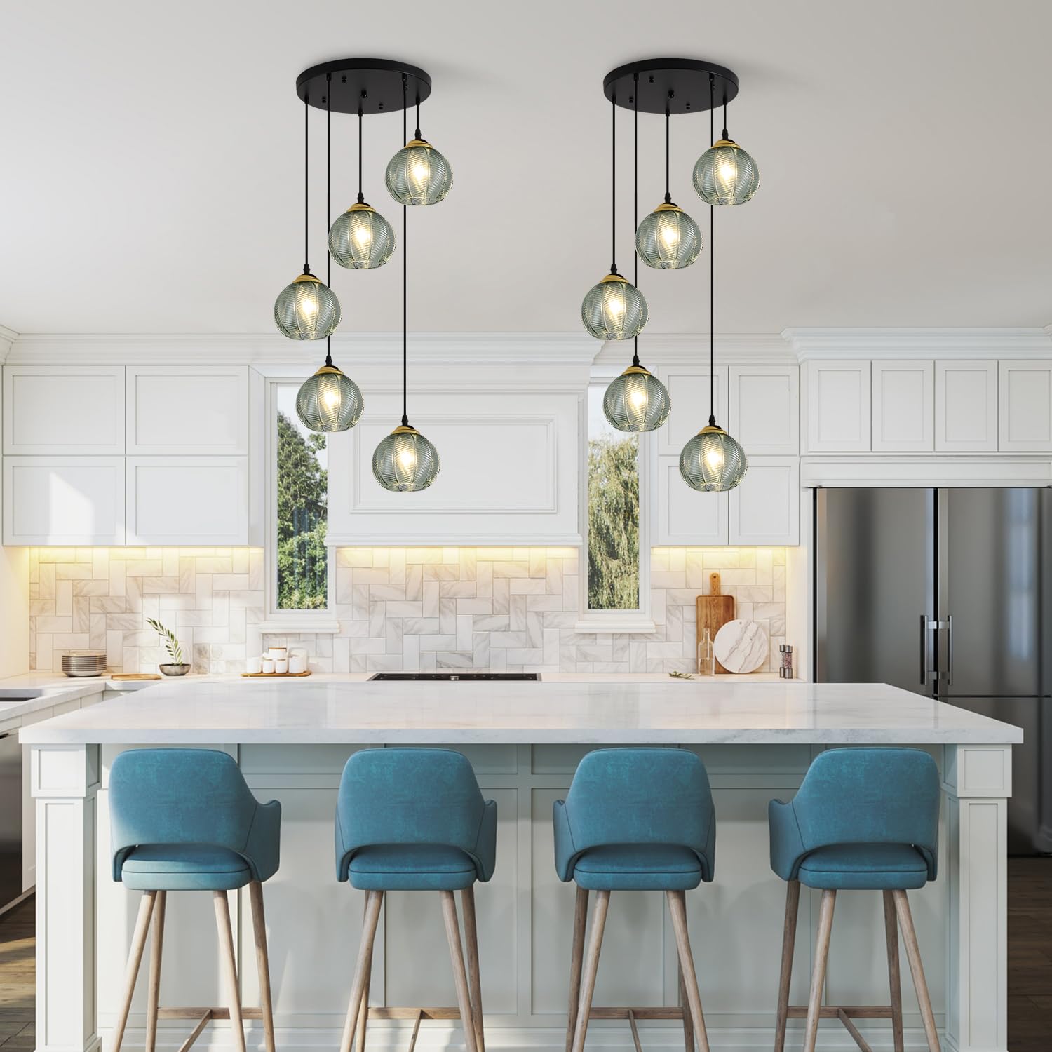 KCO Lighting 3-Lights Smoke Gray Glass Pendant Light Black Globe Round Cluster Chandelier Mid-Century Modern Multi Light Pendant Lighting Nordic Kitchen Island Light Fixture