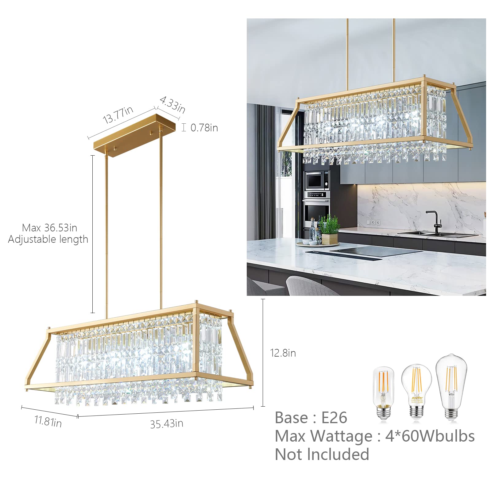 4-Light Dining Room Light Fixture 11.81 inch Square Lndustrial Farmhouse Chandelier Gold Metal Crystal Pendant Light for Kitchen Island Dining Room Living Room Flat and Inclined Ceiling