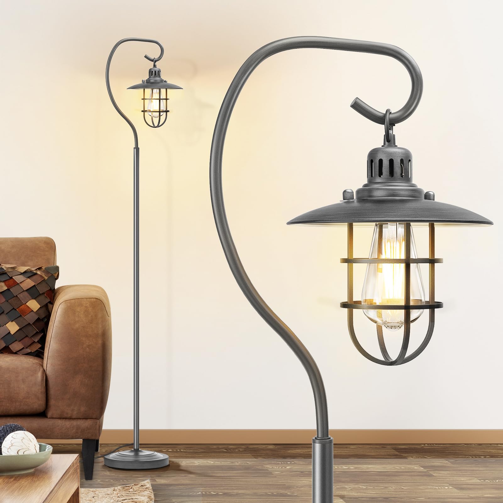 Rustic Lantern Floor Lamps for Living Room with Hanging Lampshade Elegant Industrial Floor Lamps Modern Standing Lamp for Bedroom, Office, 6W LED Bulb Included, Foot Switch, Brushed Silver