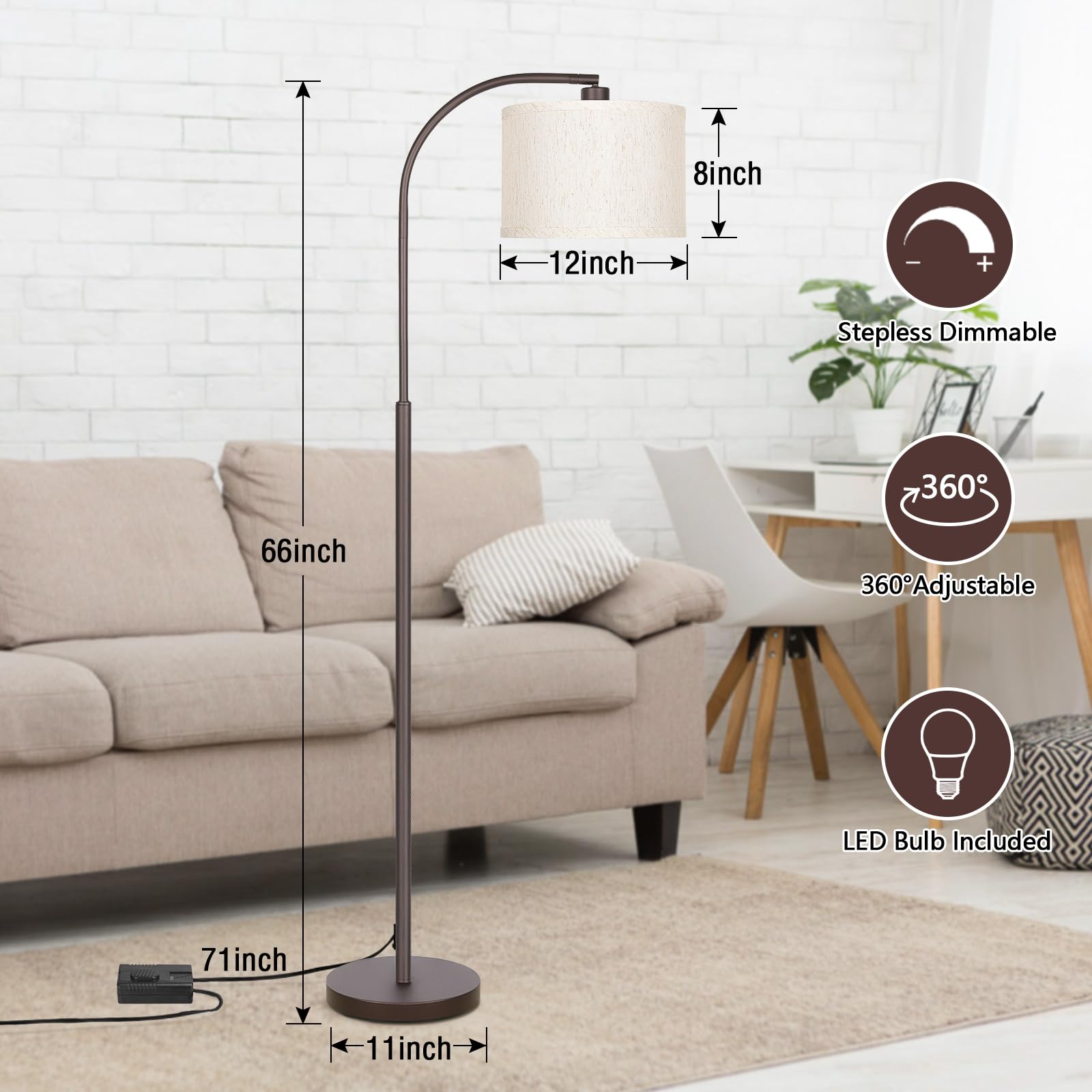 LED Floor Lamp Fully Dimmable Modern Standing Lamp Arc Floor Lamp with Adjustable Drum Shade, Gold Tall Pole Reading Lamp Corner Light for Living Room Bedroom Study Room, Bulb Included