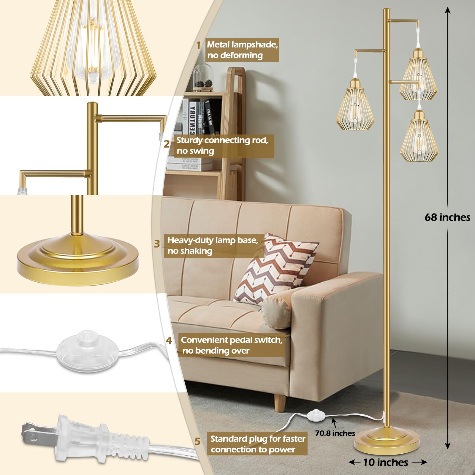 Industrial Floor Lamps for Living Room, Tree Standing Lamp with 3 Teardrop Cage Shades, 68" Modern Tall Lamps for Bedroom Office Home Light Decor, E26 Socket, Pedal Switch, Brass Gold