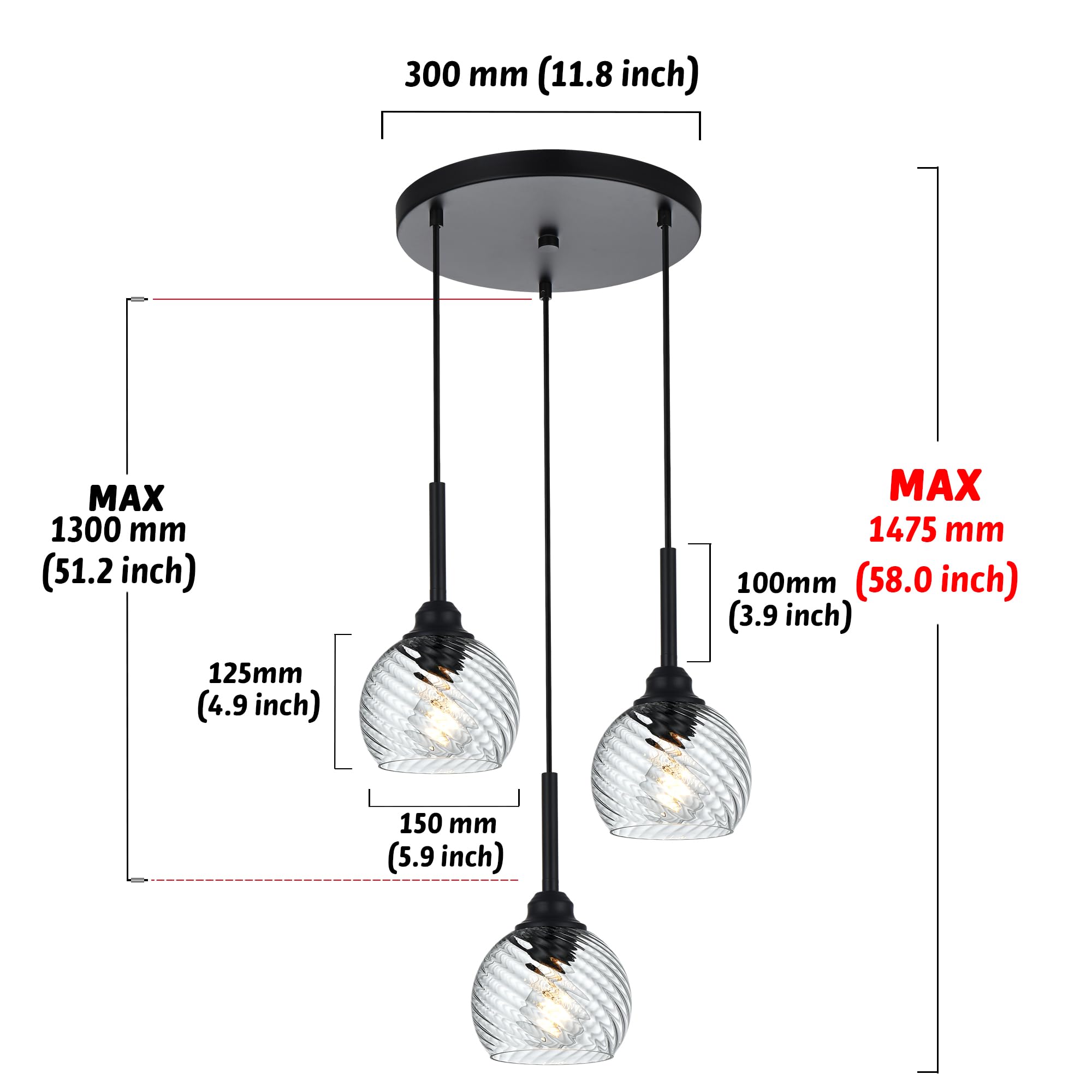 3 Light Island Lights for Kitchen with Striped Swirl Globe Glass, Black Linear Hanging Pendant Light Fixture Farmhouse Chandelier for Dining Room Bar Living Room