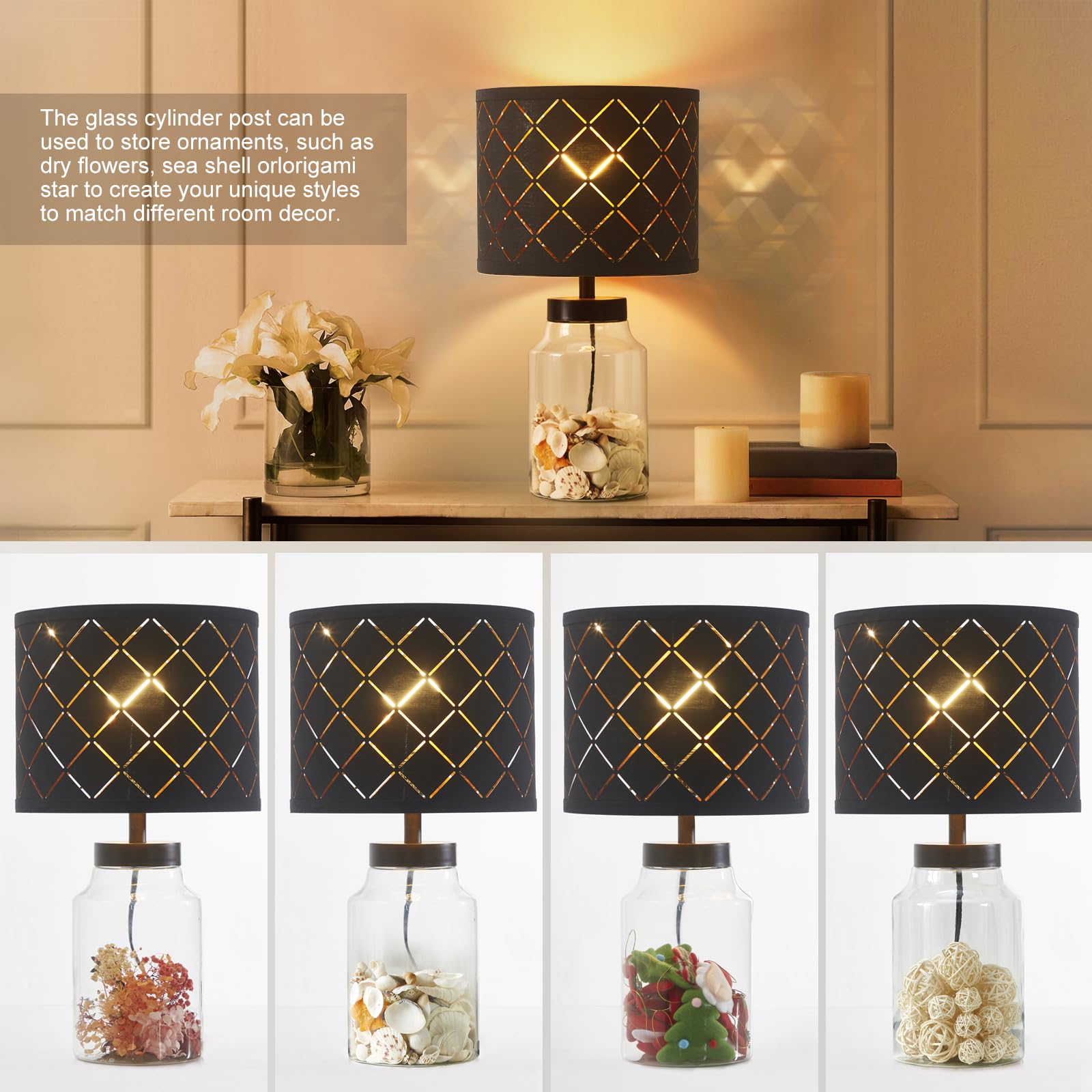 Fillable Table Lamp, Table Lamp with Clear Glass Fillable Modern Table Lamp with Black Square lampshade Beside Lamp for Living Room Bedrooms Office Bulbs Included(Black Square)