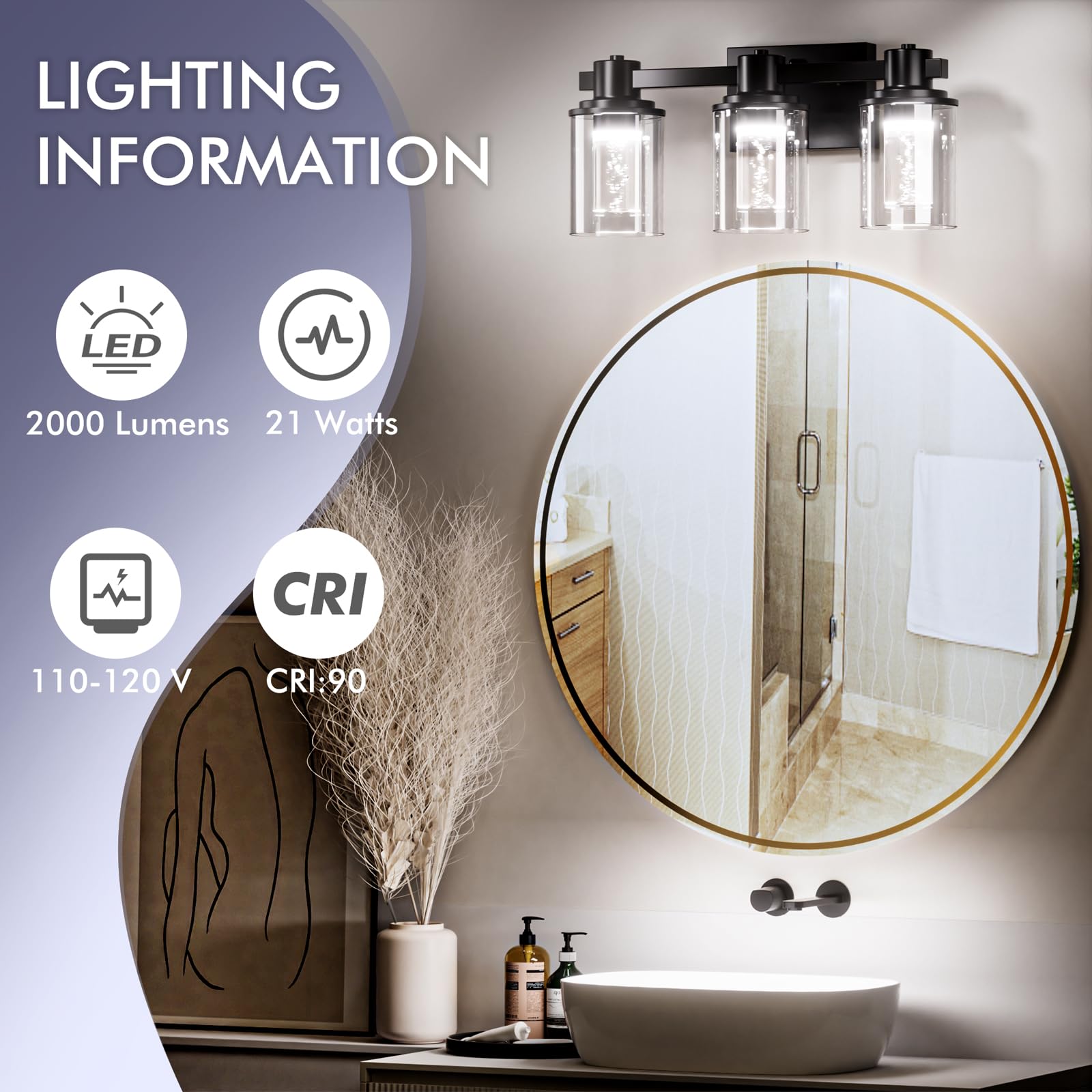 Bathroom Vanity Light Fixtures, 3-Light LED Lighting Fixtures Over Mirror, 5 CCT Modern Chrome Vanity Light for Bathroom with Crystal Bulb Clear Glass Shade Dimmable Bathroom Wall Lamp