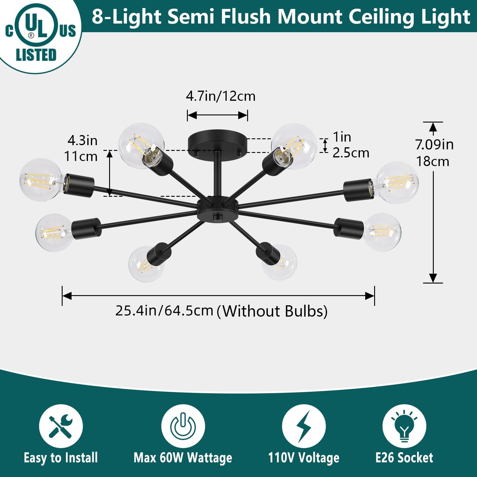 6-Lights Semi Flush Mount Ceiling Light, Matte Black Close to Ceiling Lighting with E26 Base, Modern Sputnik Light Fixtures for Kitchen Dining Room Bedroom Living Room