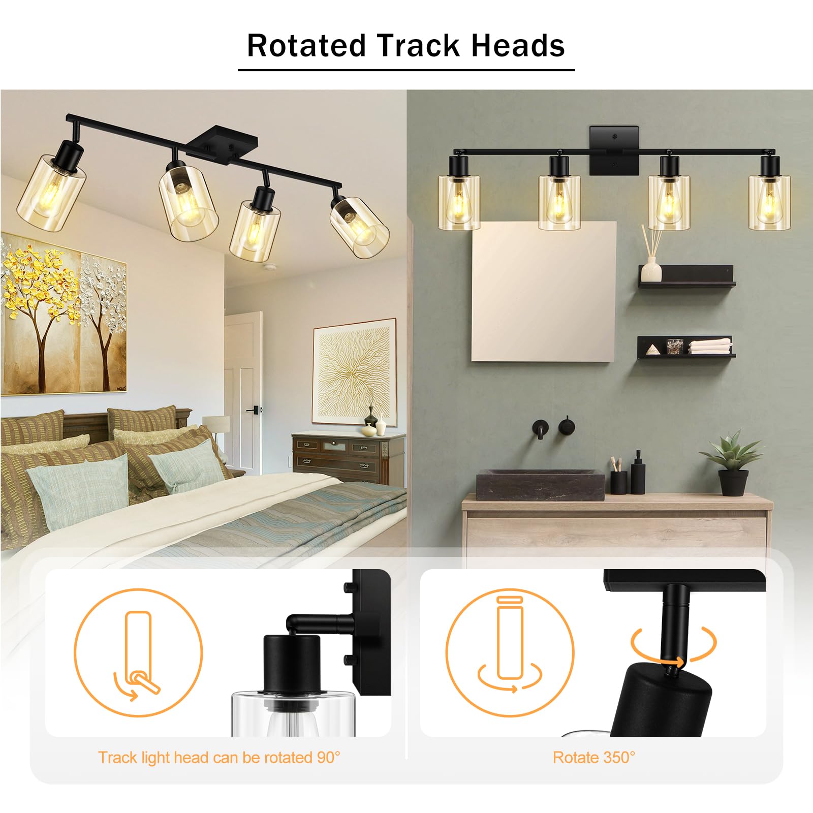 LED 4 Light Track Lighting Kit, 4 Way Ceiling Spot Lighting with Glass Lampshade, Flexibly Rotatable Light Head for Kitchen, Living Room, Bedroom, Bulb Not Included