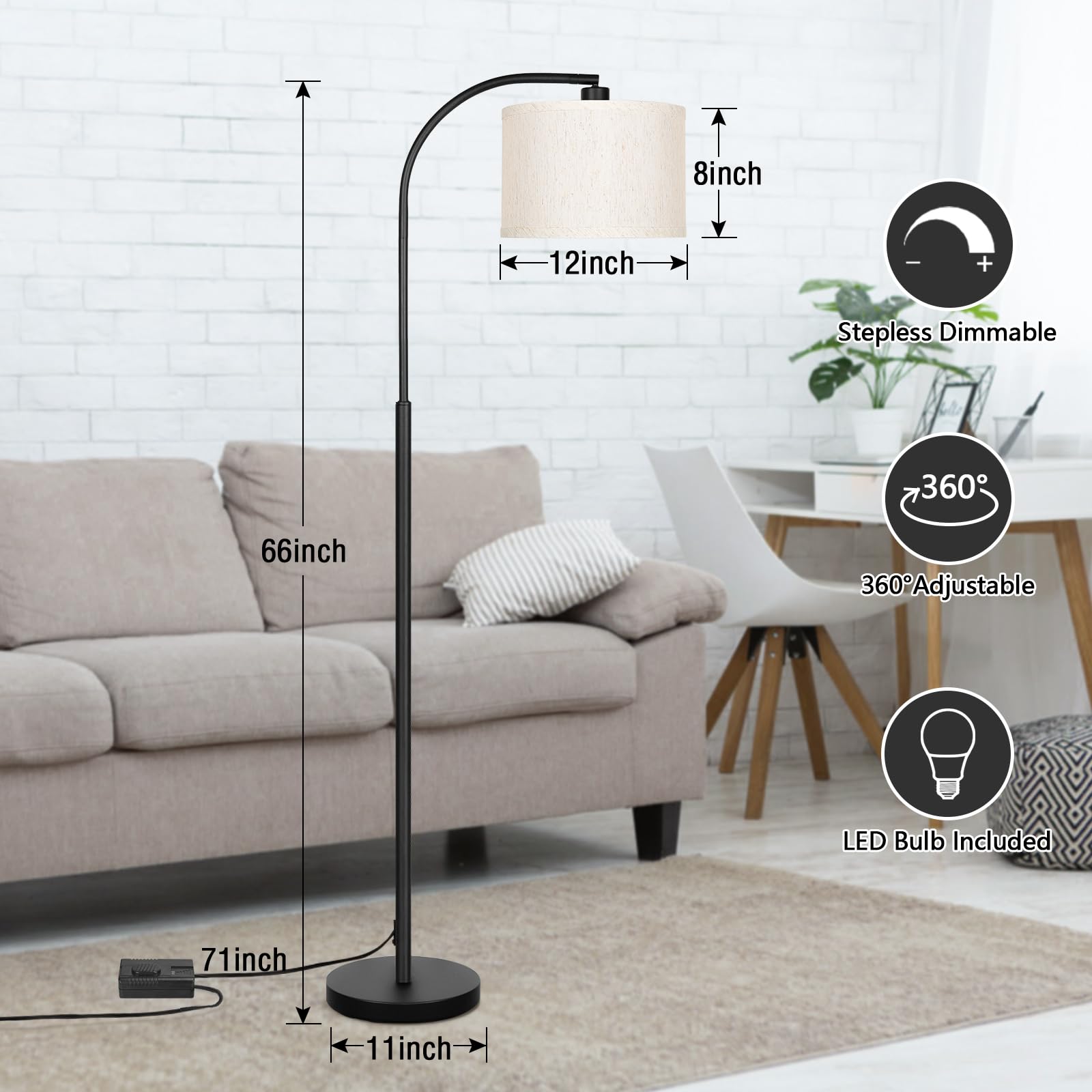 LED Floor Lamp Fully Dimmable Modern Standing Lamp Arc Floor Lamp with Adjustable Drum Shade, Gold Tall Pole Reading Lamp Corner Light for Living Room Bedroom Study Room, Bulb Included