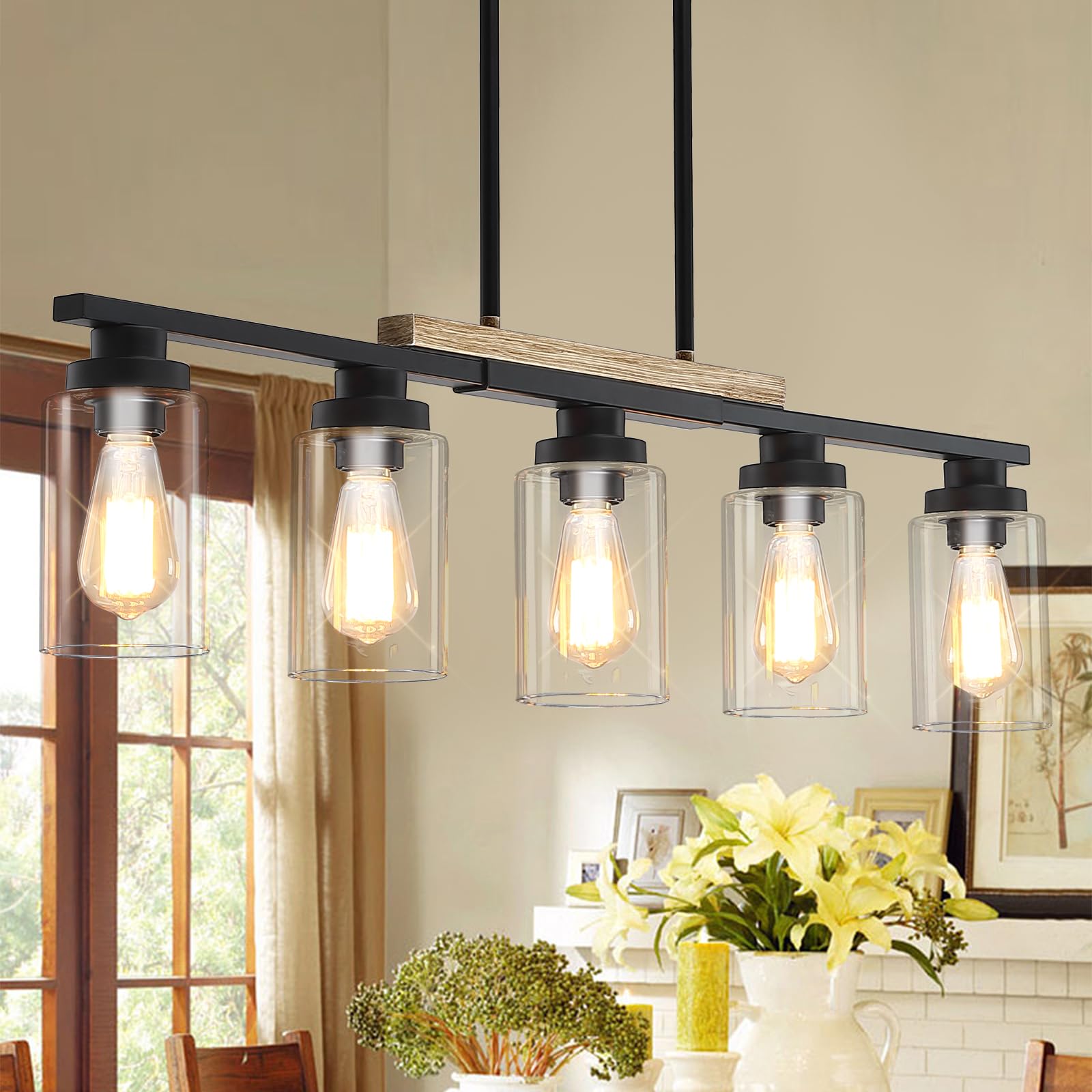 Farmhouse Kitchen Island Lighting,5-Light Dining Room Light Fixtures Over Table Linear Chandelier Pendant Lighting with Glass Shade and Adjustable Rods for Dining Table Living Room