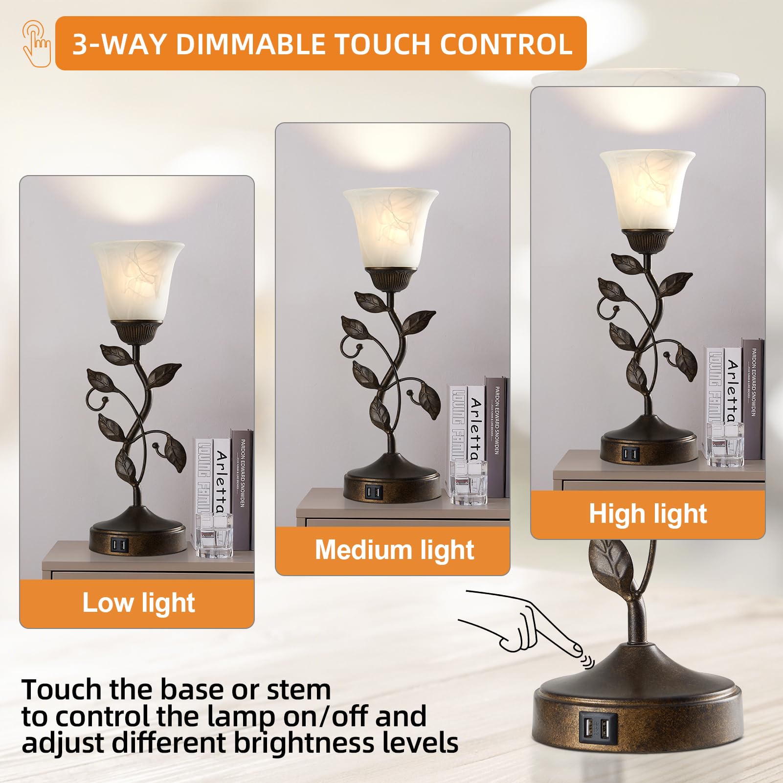 Touch Control Table Lamp with 2 USB Charging Ports, 3-Way Dimmable Bedside Nightstand Lamps, Amber Glass Shade Vintage Rural Leaf Lamp for Living Room, Bedroom, Dresser, LED Bulb Included (Bronze)