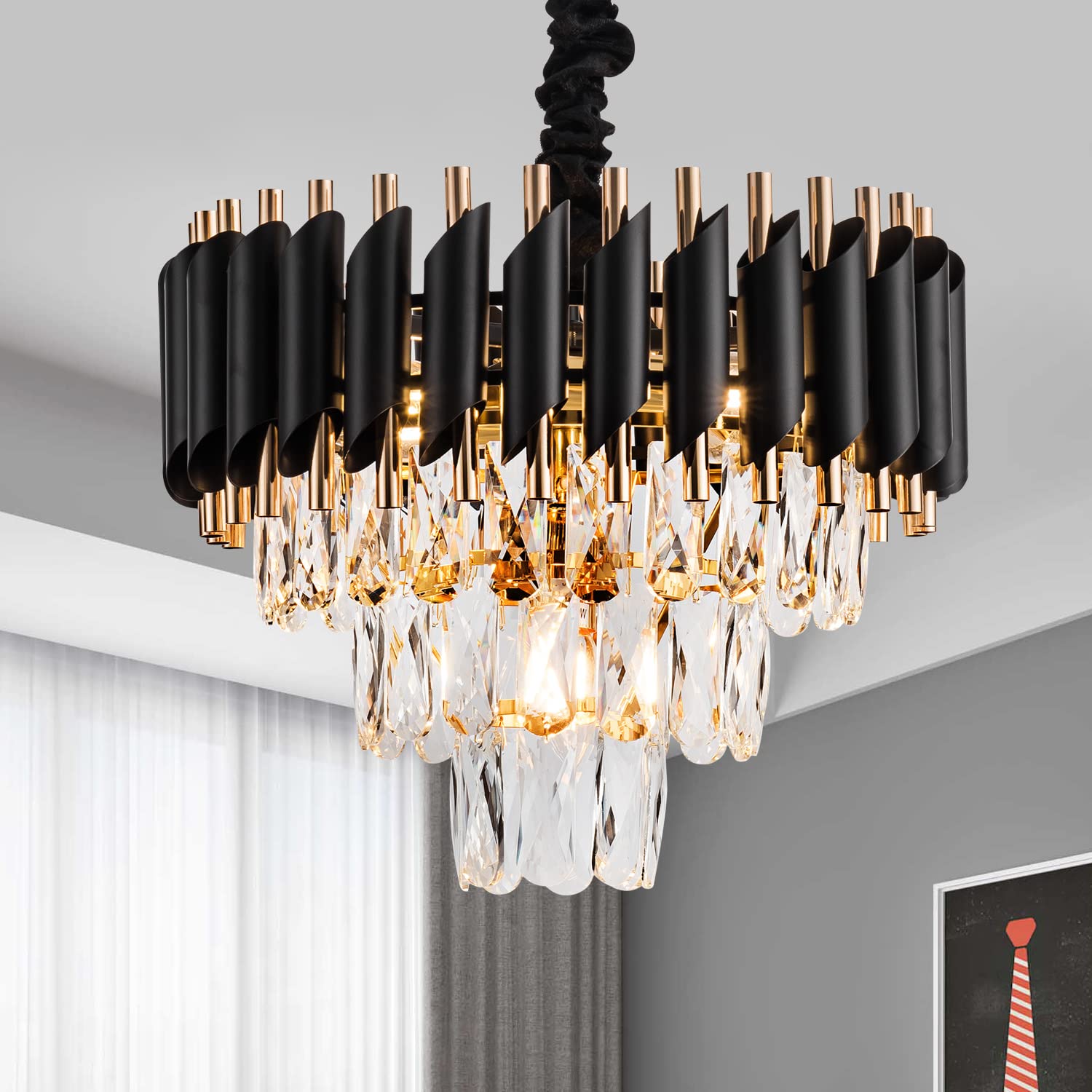 23" 8-Light Modern Crystal Chandelier Light Fixtures 2 Rings Gold Luxury Chandeliers for Dining Room Round Hanging Pendant Lighting for Living Room Kitchen Entryway Bedroom