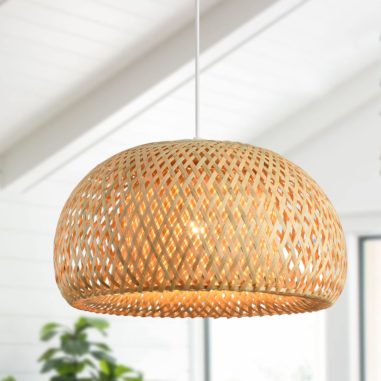 Boho Bamboo Pendant Light, 23.64in Bohemian Hand-Woven Rattan Chandelier Coastal Wicker Lighting Fixtures Hanging Lamp for Kitchen Island Dining Living Room Restaurants Bedroom