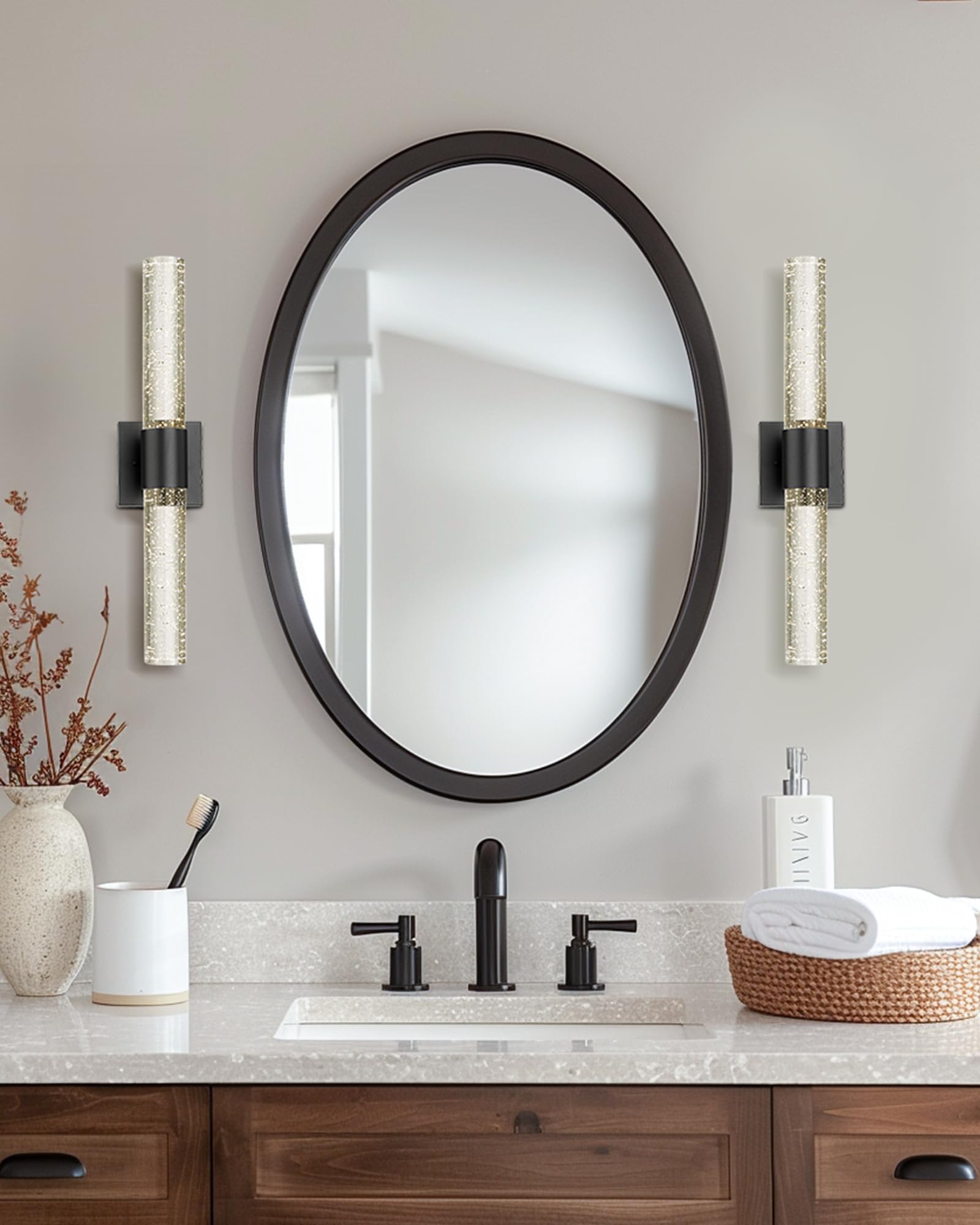 Bathroom Light Fixtures, HWH LED Vanity Lights Over Mirror 11W with Crystal Bubble Glass, Black Vanity Light Bar Indoor Wall Sconce Light, 3000K/4000K/5000K Dimmable, 5HW76B-LED BK