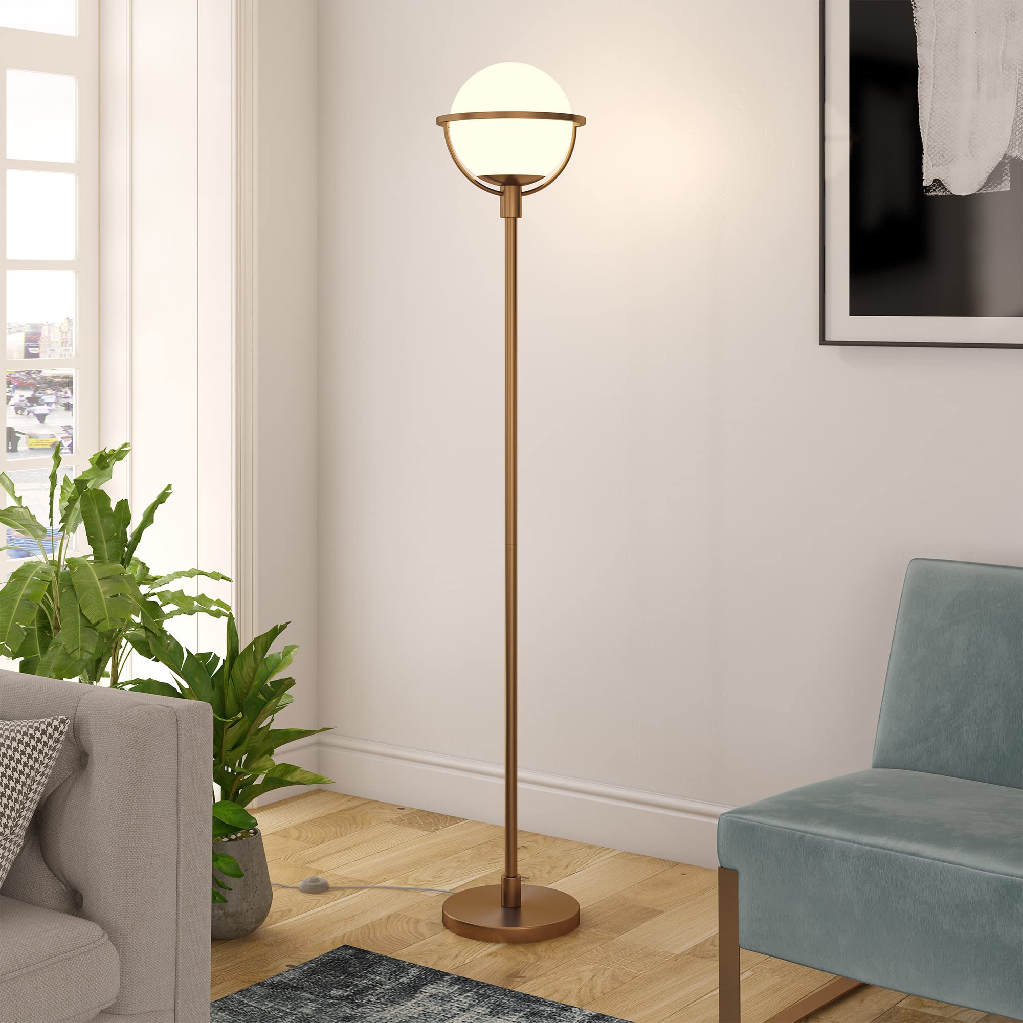 Cieonna Globe & Stem Floor Lamp with Glass Shade in Brass/White, 68" Tall