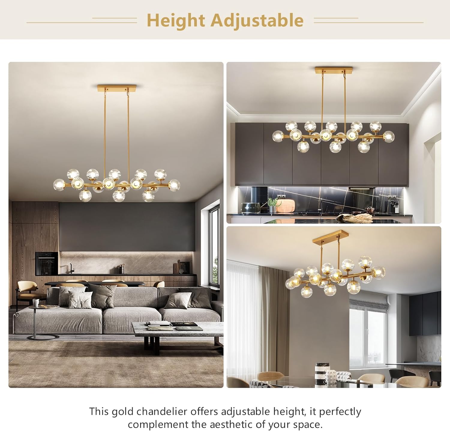 Moooni 16 Lights Modern Rectangle Chandelier Gold Pendant Ceiling Light Fixture Clear Glass Shades Gold Chandeliers for Dining Room Kitchen Island