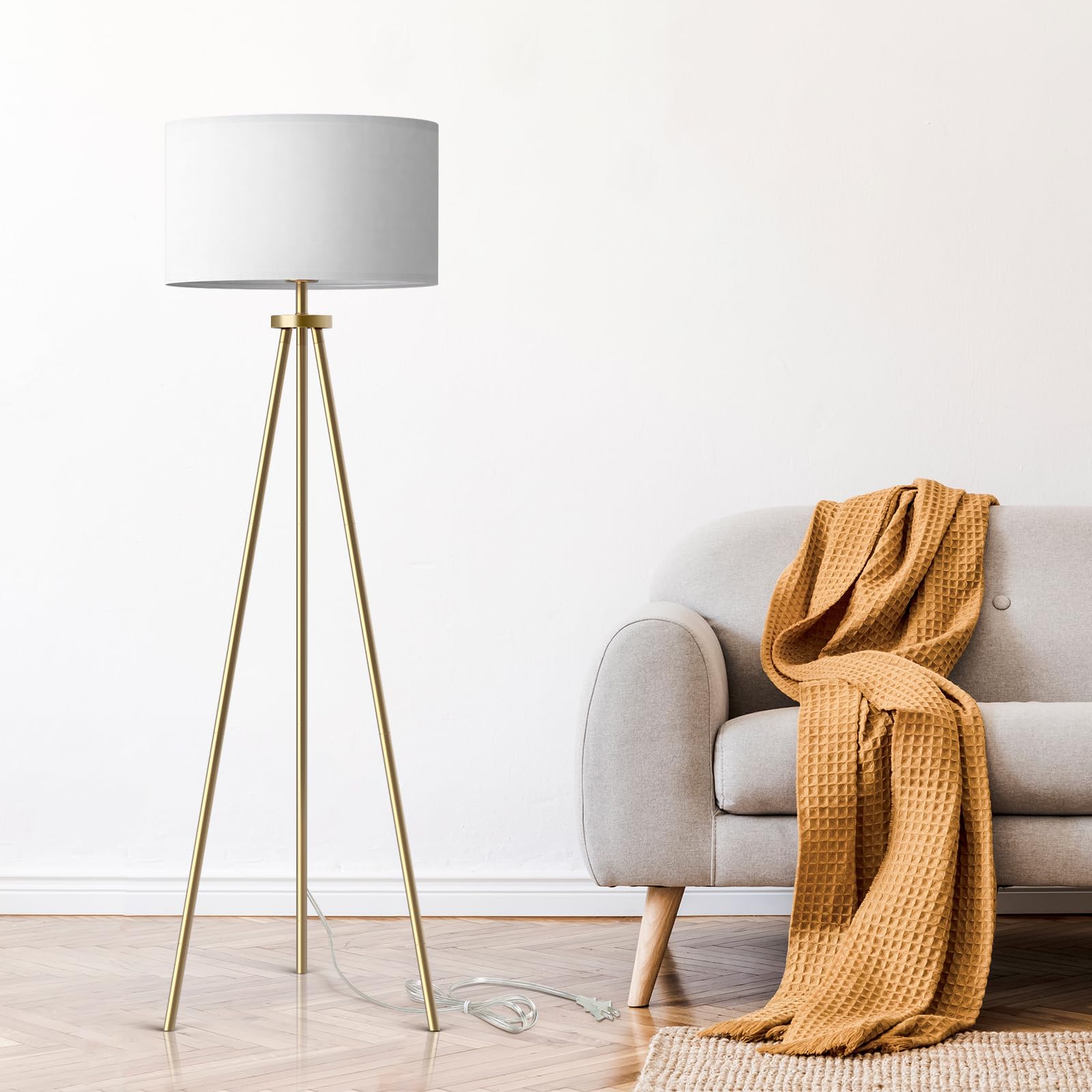 Tripod Floor Lamps for Living Room, Modern Standing Lamp with Drum Shade, Simple Industrial Tall Lamp, 9W LED Bulb Included - Brass