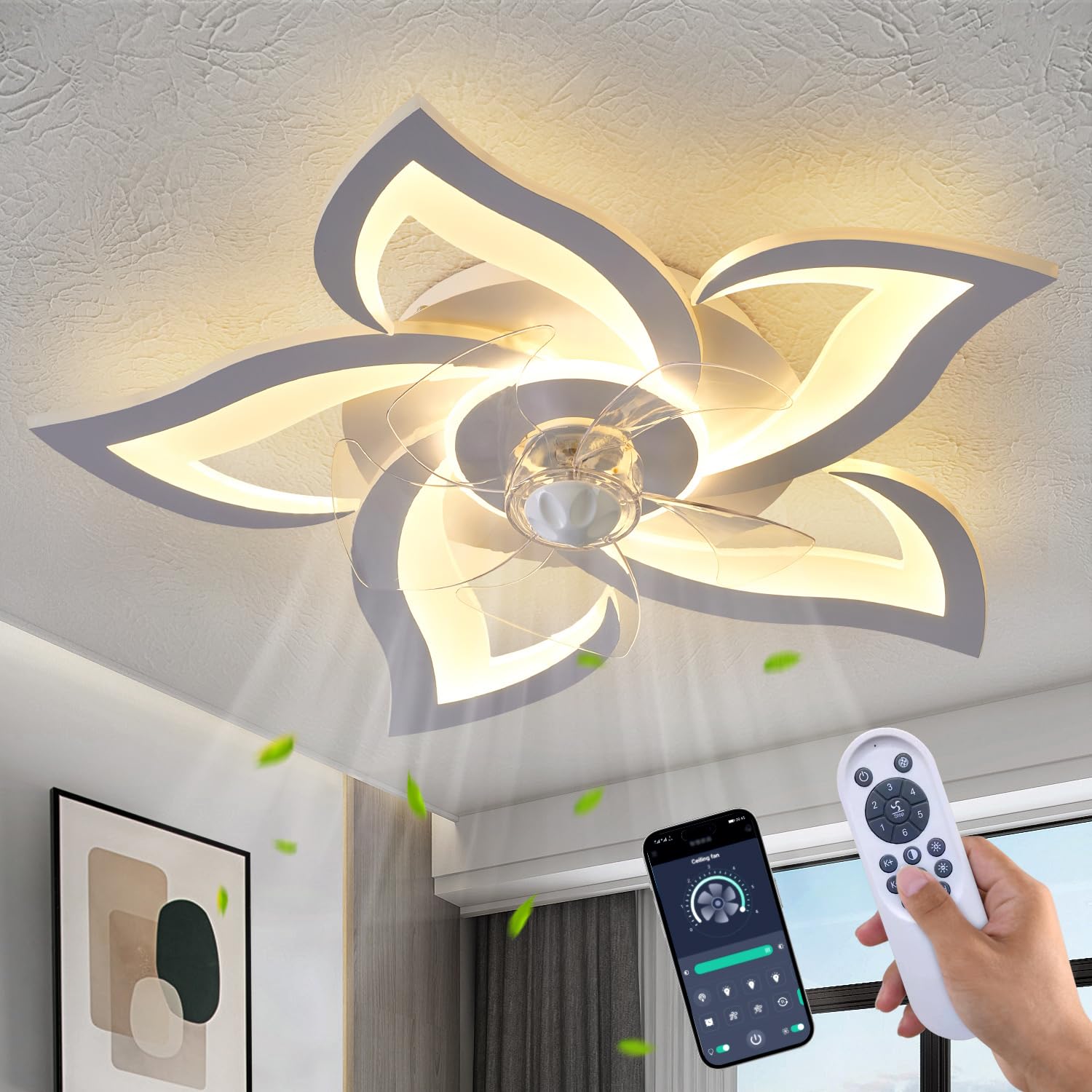 Ceiling Fan with Lights Remote Control, 24" Black, 6 Speeds 3 Light Color Low Profile Flush Mount Ceiling Fan for Kitchen Bedroom