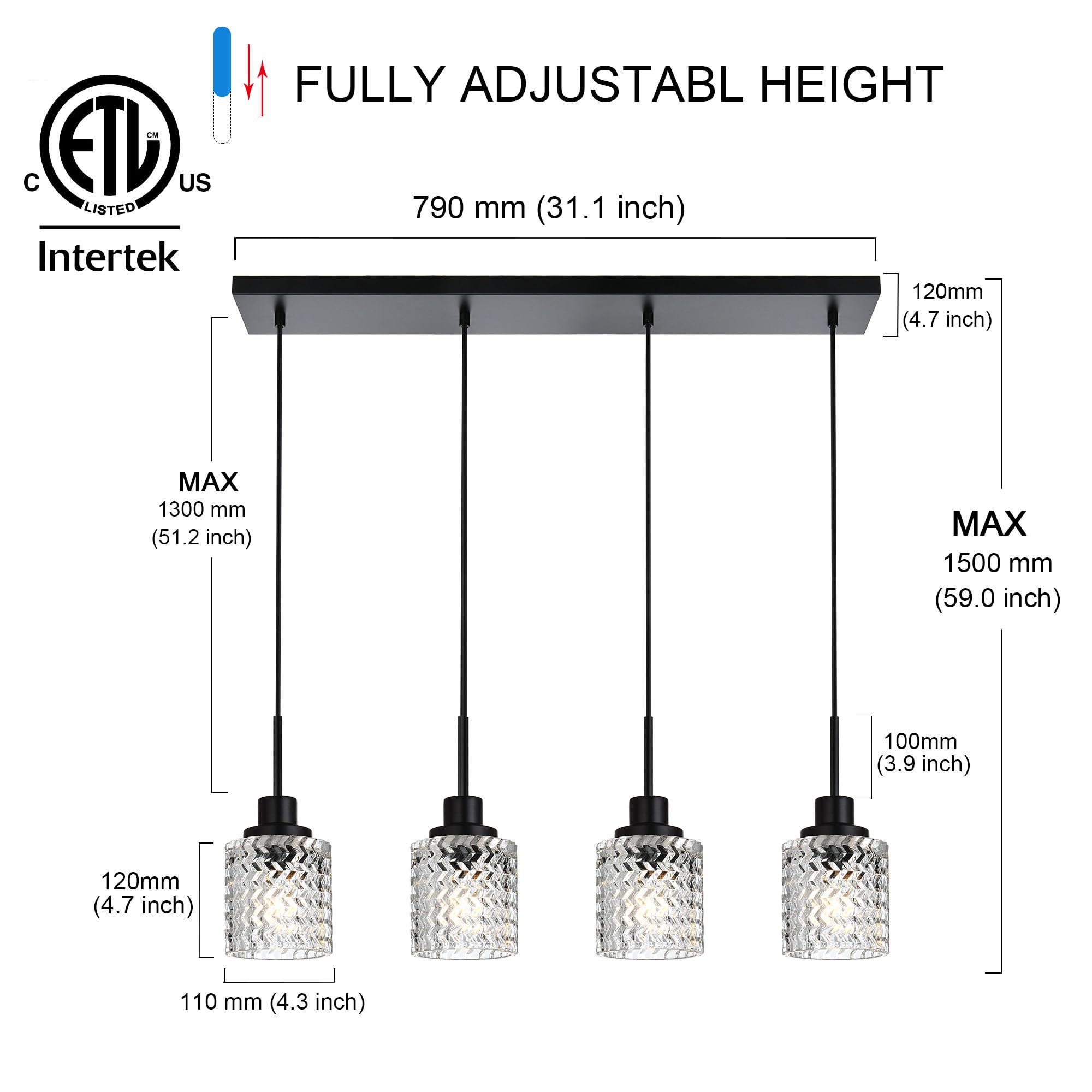 6 Lights Linear Chandeliers for Dining Room, Black Island Lighting Fixture Hanging Pendant Lights with Hammered Glass Shade for Kitchen Island, Dining Hall, Bar