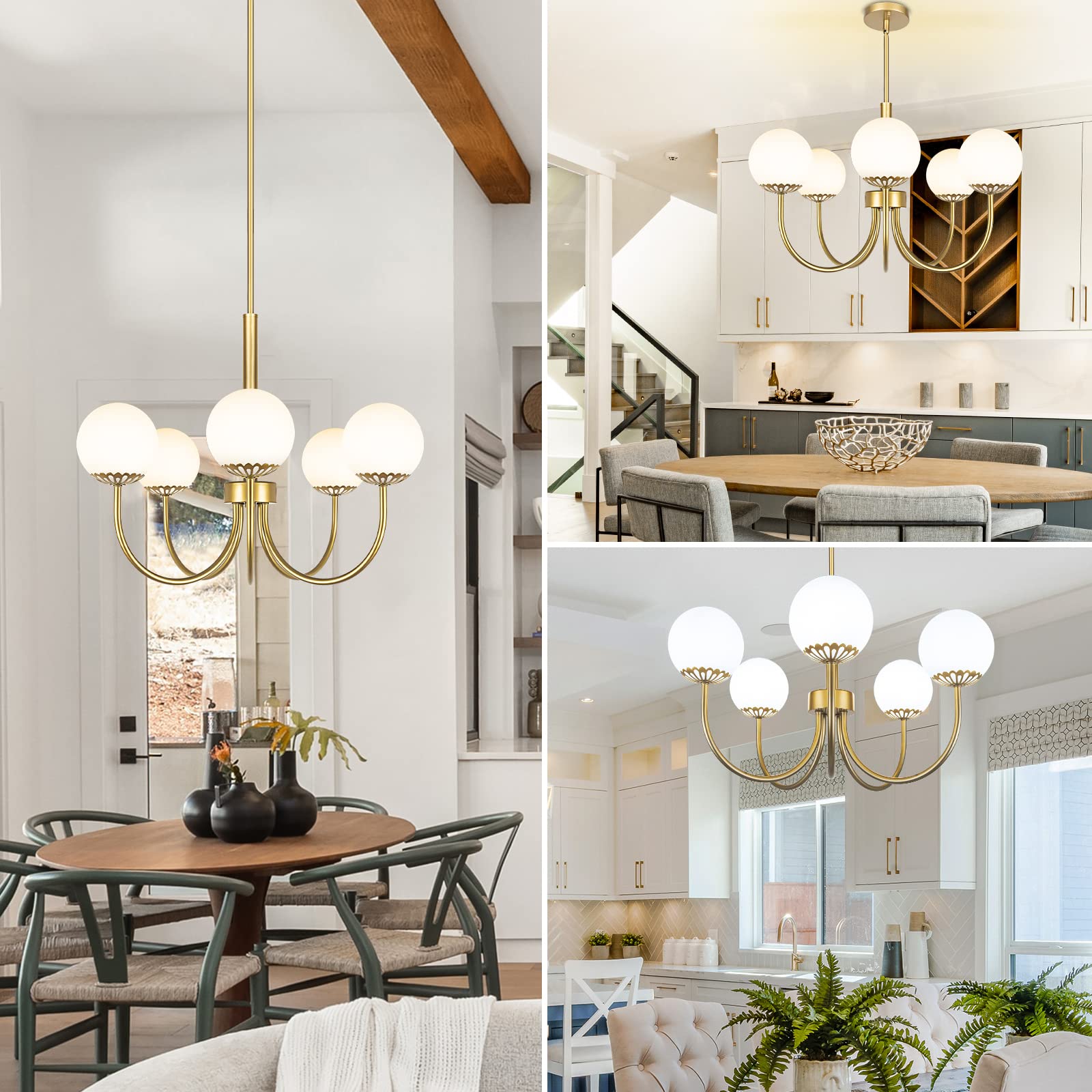 5-Light Gold Chandelier, Globe Modern Sputnik Light Fixture with Frosted Glass, Vintage Semi-Flush Mount Ceiling Light for Dining Room, Large Pendant Lighting for Kitchen Living Room Bedroom