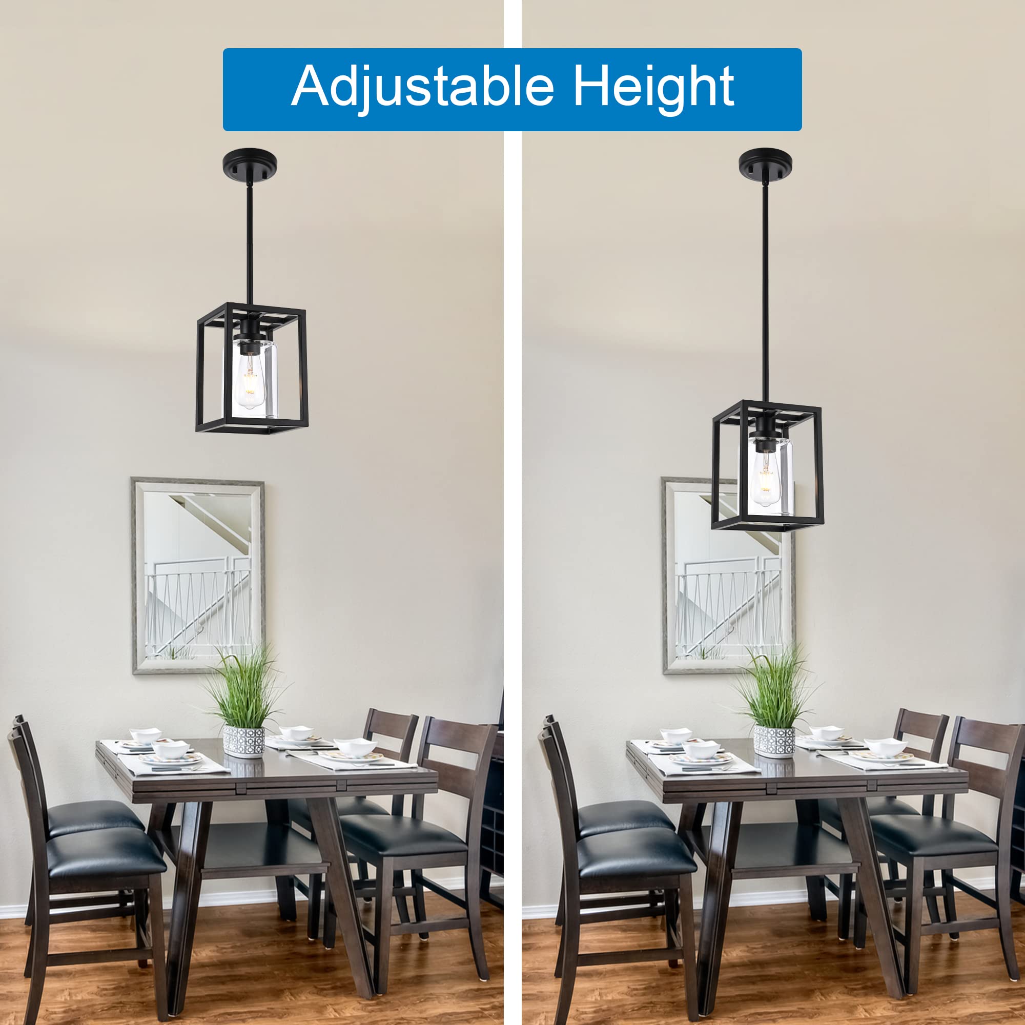 3 Light Kitchen Island Lighting Linear Chandelier Black Pendant Lighting with Rectangular Clear Glass Shade for Dining Room Bar Kitchen Pool Table, Adjustable Height