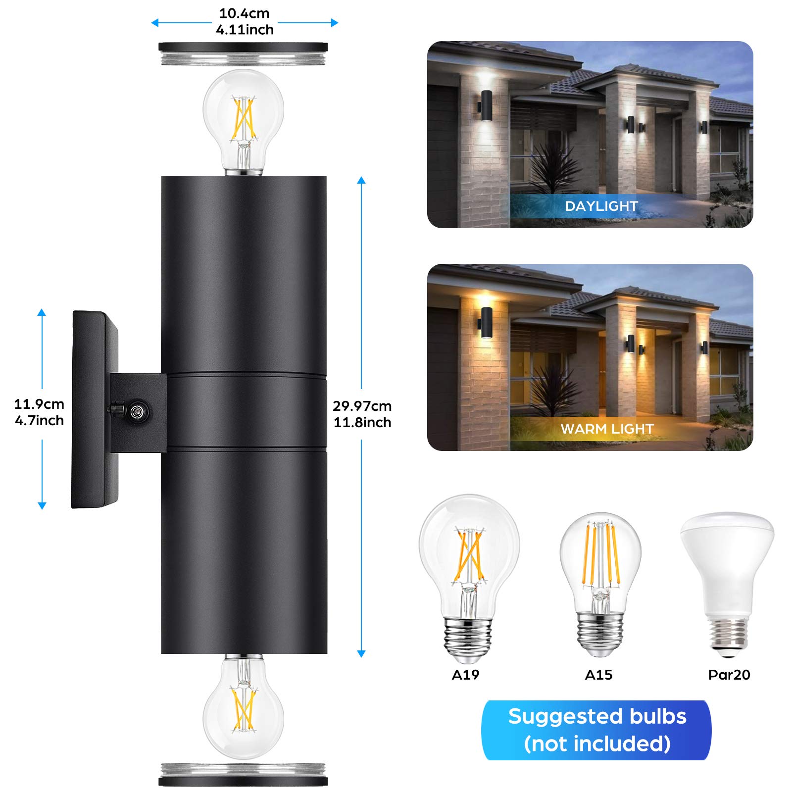 Modern Outdoor Wall Light with Dusk to Dawn Sensor, Exterior Light Fixture Wall Mount Waterproof Anti-Rust Cylinder, Up and Down 2 Lights Black Sconces for Porch Patio House Outside Entryway, 2-Pack