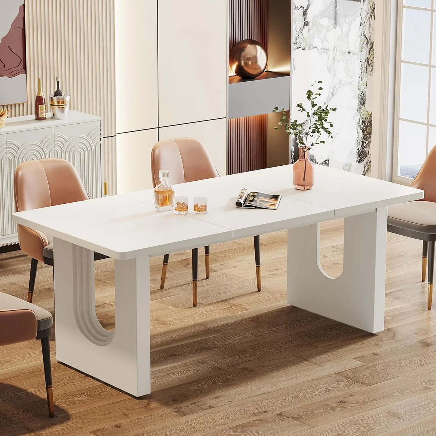 Mesa de comedor Laront de 71" para 6 a 8 personas | Mesa de comedor de cocina moderna de madera blanca