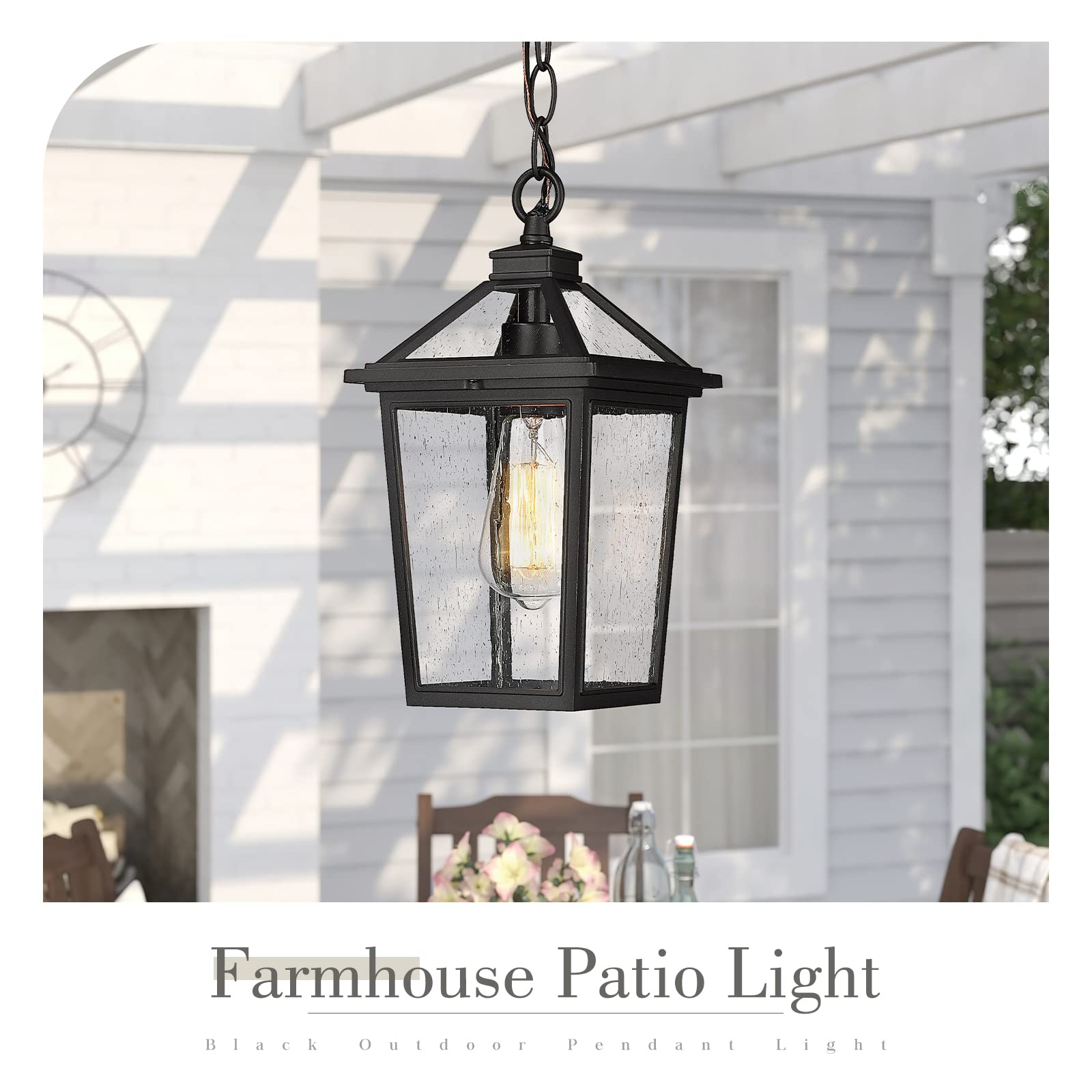 Farmhouse Outdoor Ceiling Hanging Light, 12 Inch Industrial Pendant Light Fixture for Front Porch, Die-Cast Aluminum in Black Finish with Seeded Glass, ZX58H BK