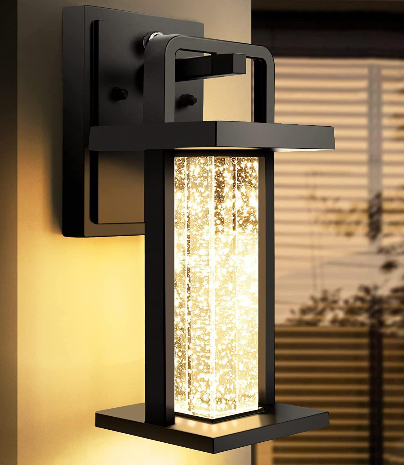 Modern Outdoor Wall Light Fixture,Dusk to Dawn Wall Mount for House with Bubble Crystal Glass,Black Front Porch Lights Waterproof 10W 480LM Integrated Sconce,3000K for House Patio