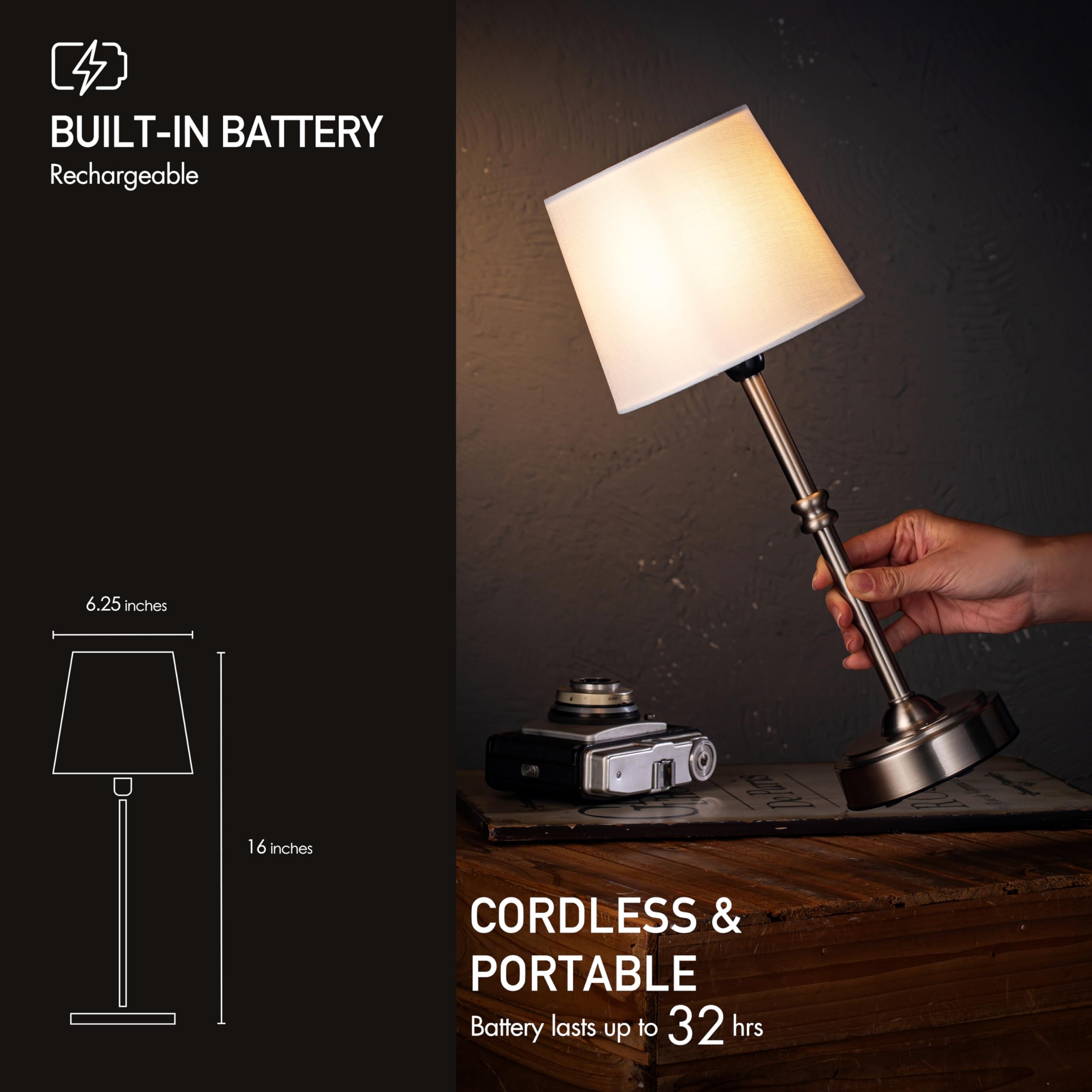 Cordless LED Table Lamp with Dimmer, Built-in Rechargeable Battery, 3-Level Brightness, Patio Table Lamp, Bedside Night Lamp, Ambient Light for Restaurant, Antique Brass