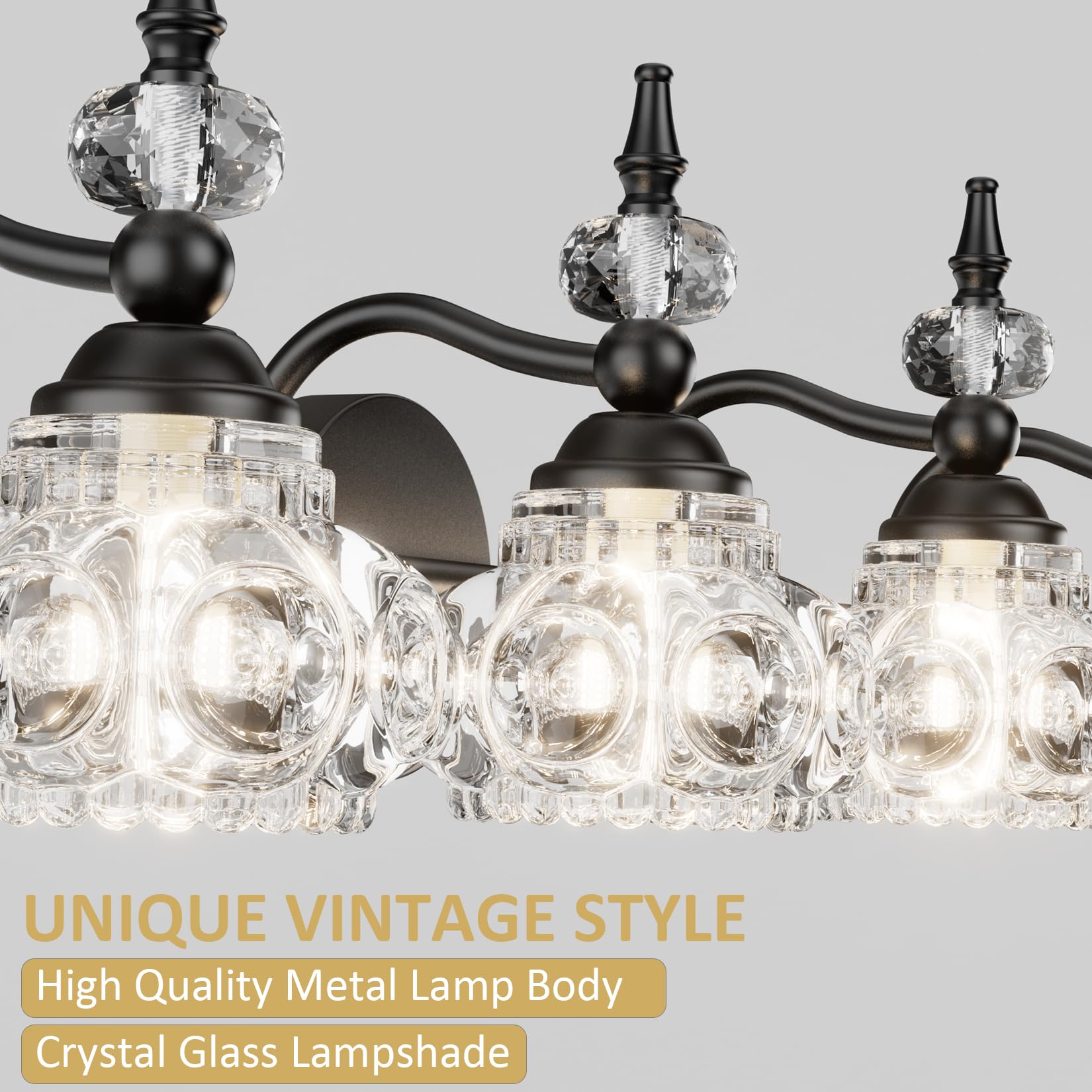 Black Industrial Crystal Bathroom Vanity Light Fixtures Over Mirror Glass Crystal 4 Lights Vintage Vanity Lights Farmhouse Bath Lighting(Exclude Bulb)