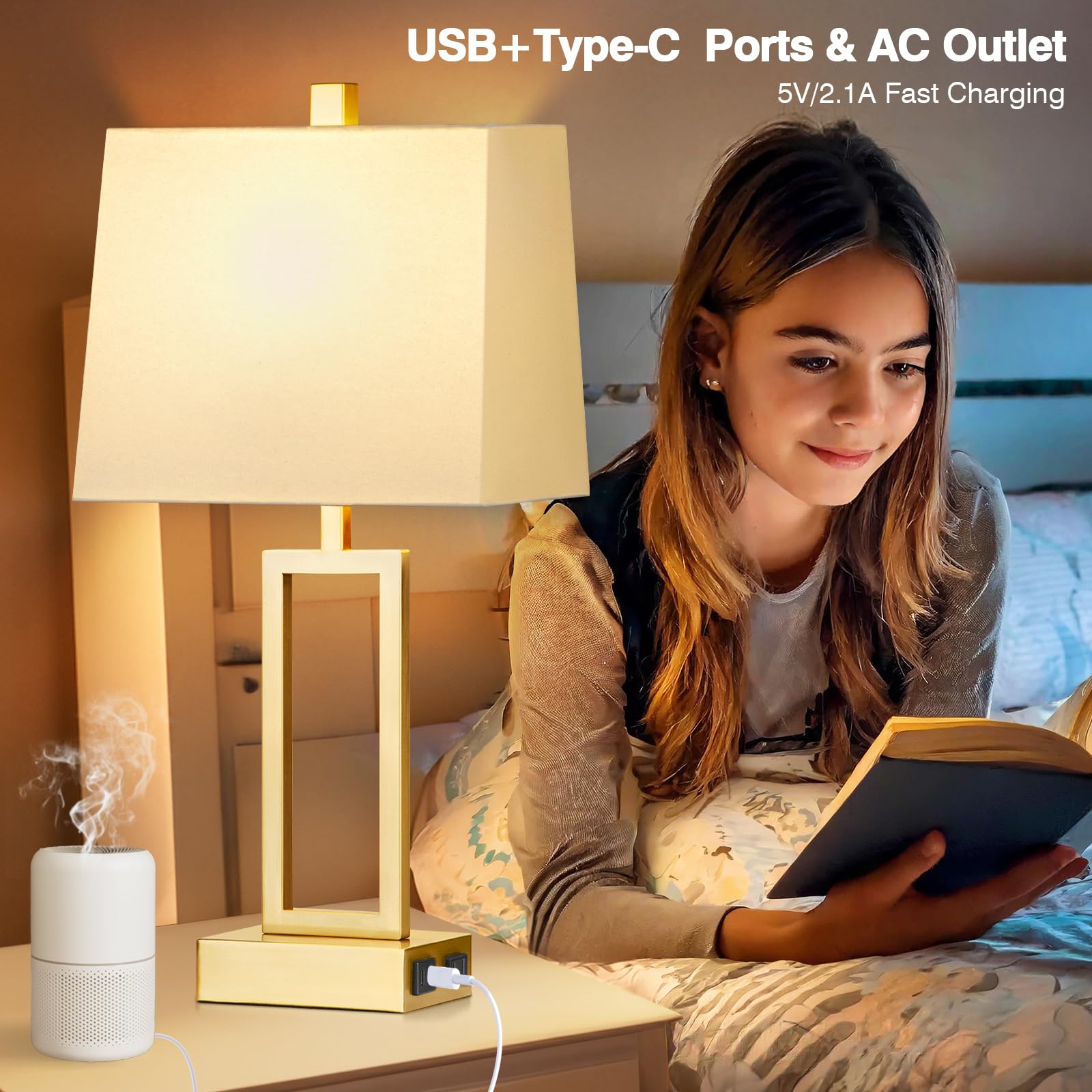 23.5" Touch Control Table Lamps, Metal Bedside Lamp for Bedroom Set of 2 with USB A+C Ports & AC Outlet, 3-Way Dimmable Nightstand Lamp for Living Room (LED Bulb Included)