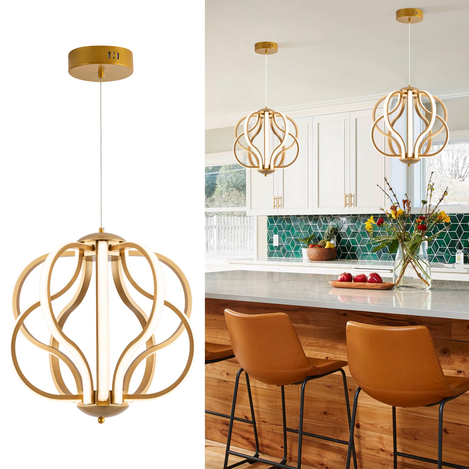 Modern LED Chandelier Gold Pendant Light Dimmable Contemporary Chandeliers for Dining Room Kitchen Living Room Foyer Entryway 3000K-6000K