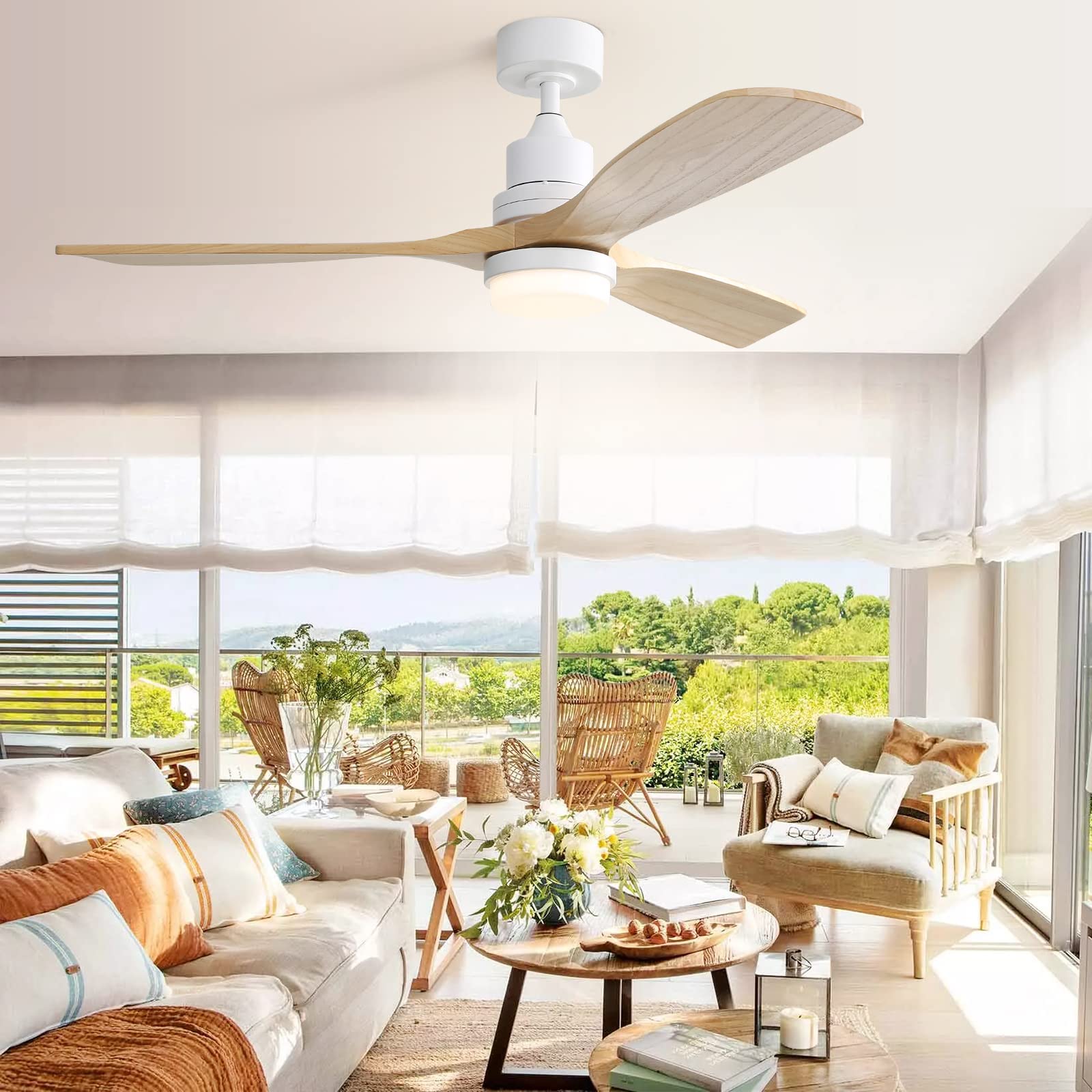 Low Profile Ceiling Fan With Lights Remote Control 52 Inch Flush Mount Ceiling Fan Modern Wood Blade Fan For Bedroom Living Room Indoor Outdoor Farmhouse Patio, Noiseless DC Motor