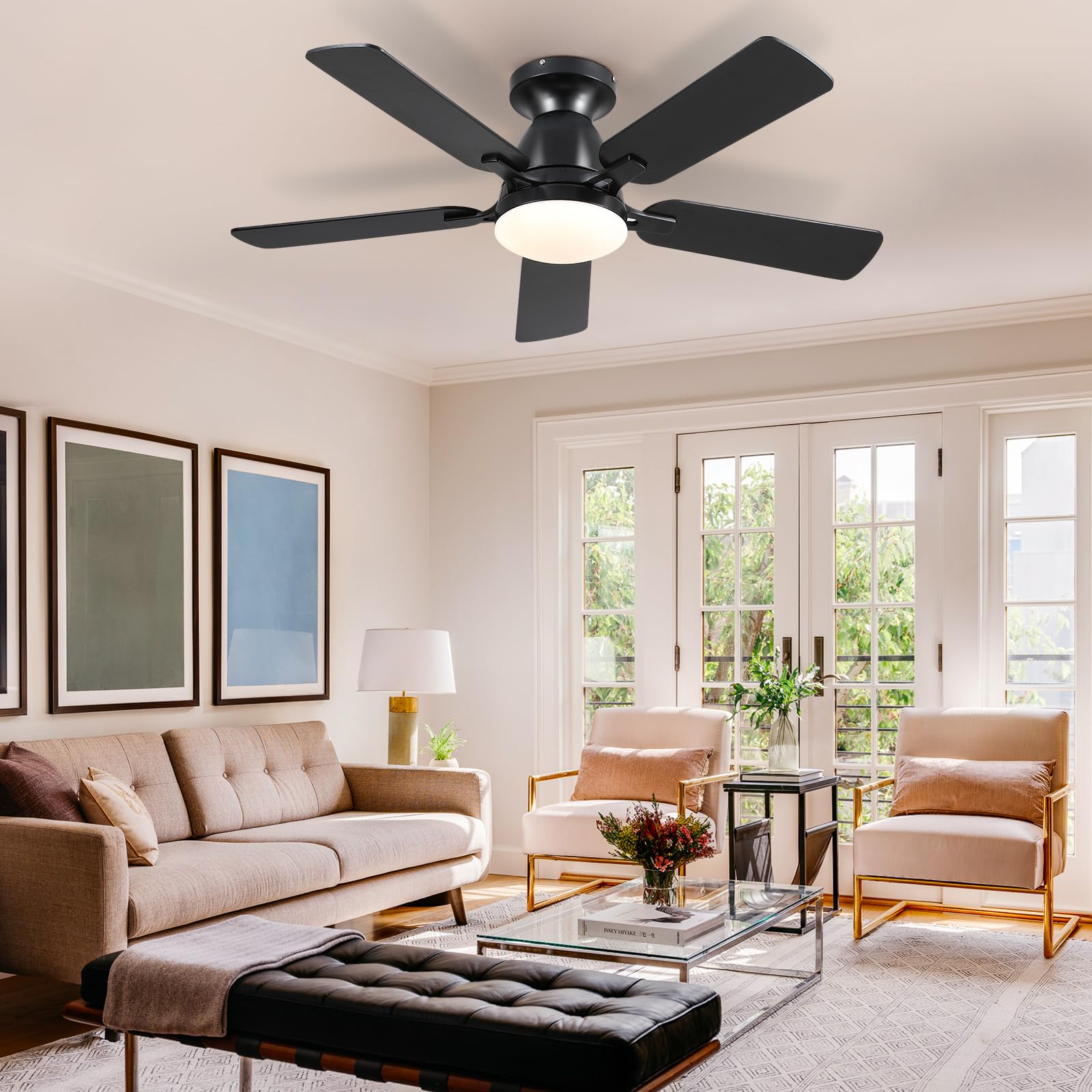 Ceiling Fans with Lights- 46"Low Profile Indoor Ceiling Fan with Light and Remote/APP Control, Flush Mount, LED Dimmable DC Reversible Modern Ceiling Fan for Bedroom（Black）