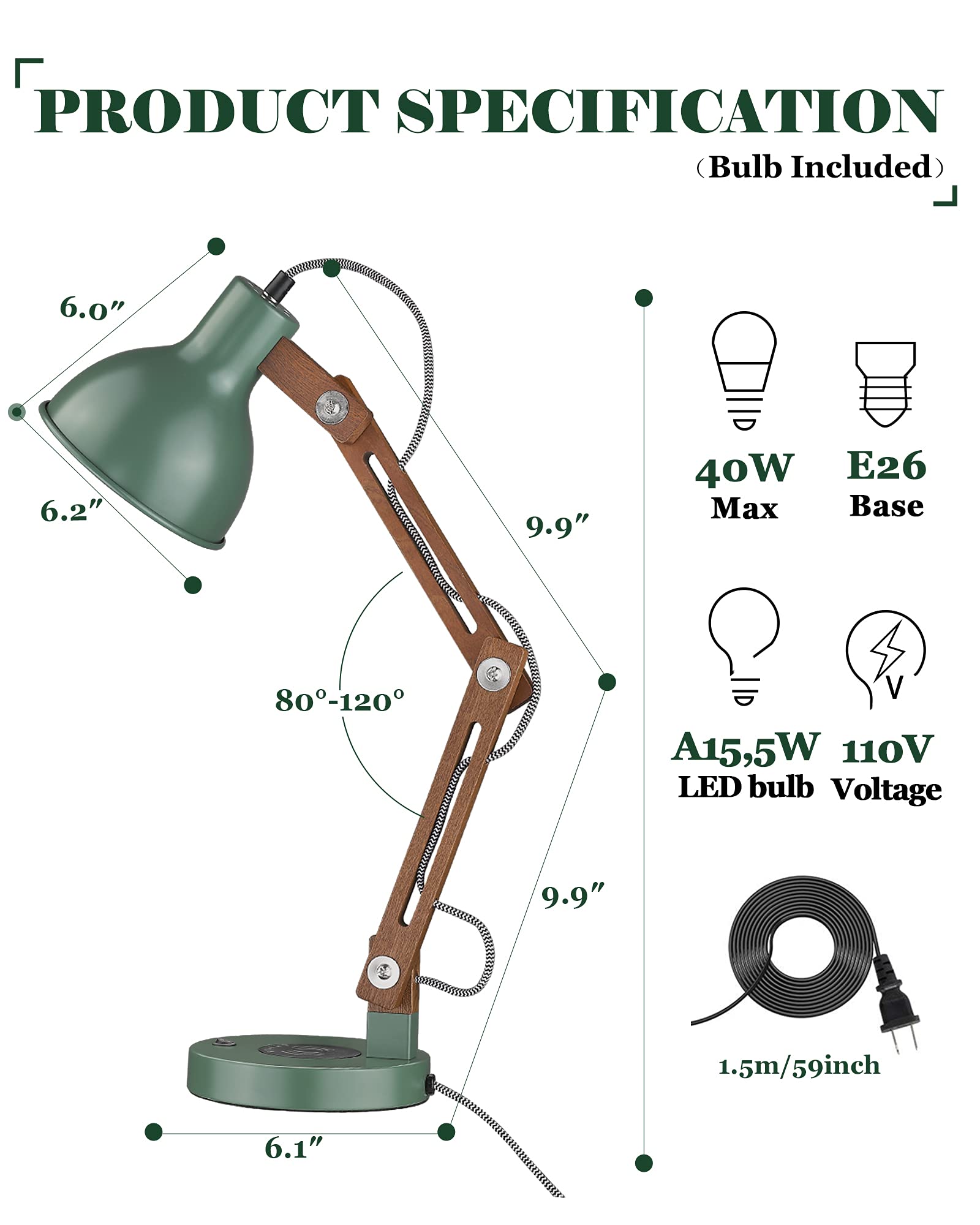 Industrial Table Lamp, Sapele Wood Desk Lamp with Upgraded Wireless Charger & USB C Port, Swing Arm Reading Task Light for Farmhouse, Dorm Office, Bedroom Livingroom, LED Bulb Included, Grey