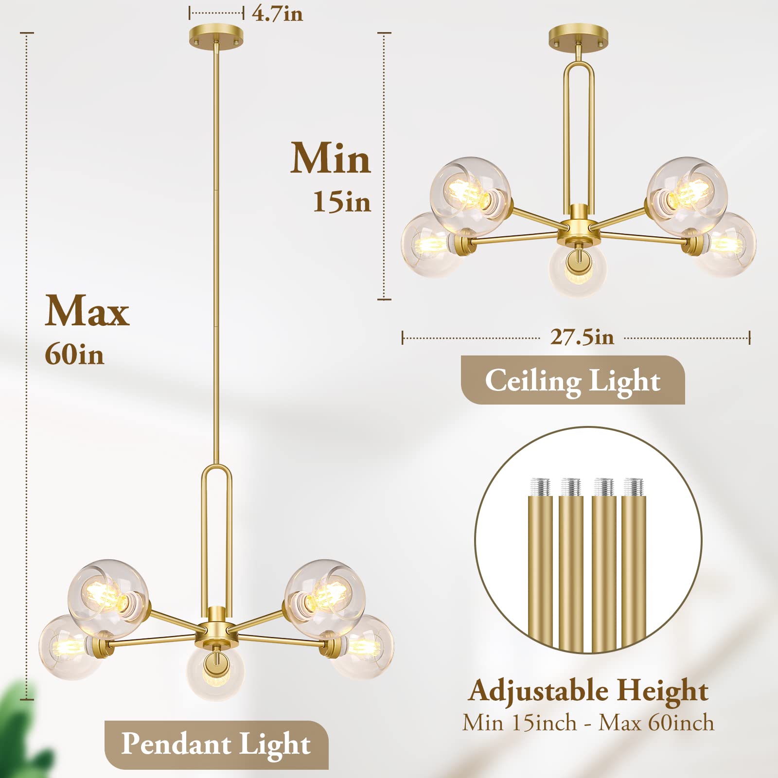 Globe Chandelier Pendant Lighting, Gold Modern Large Semi-Flush Ceiling Light Fixture with Clear Glass, 5-Light Dining Room Light Fixture, Sputnik Light Fixture for Kitchen Living Room Bedroom