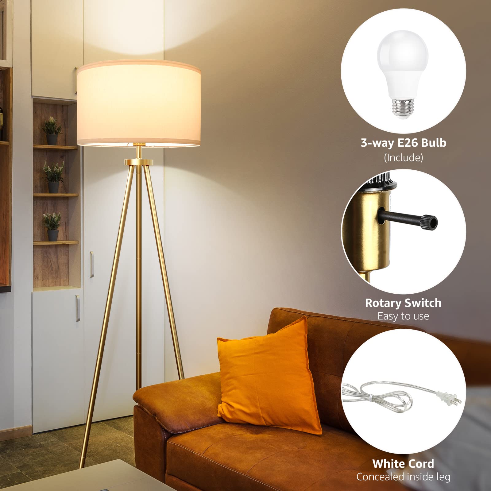 Tripod Floor Lamps for Living Room, Modern Standing Lamp with Drum Shade, Simple Industrial Tall Lamp, 9W LED Bulb Included - Brass