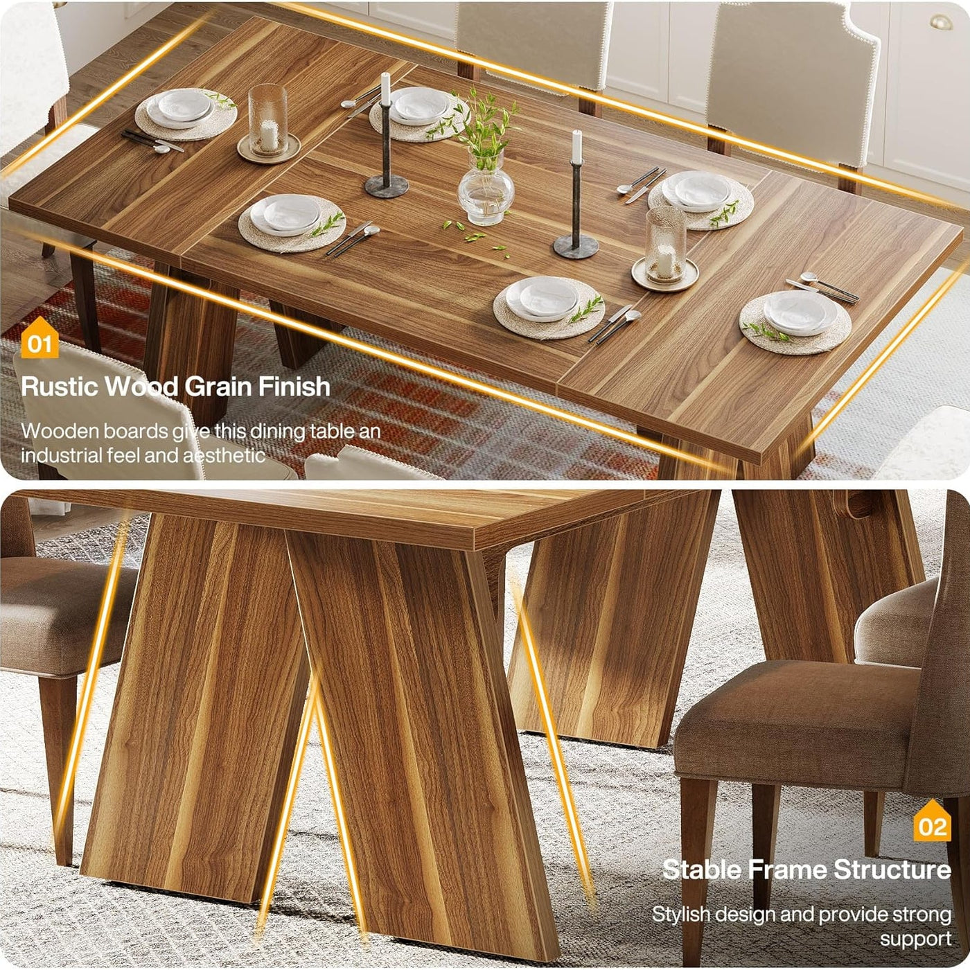 Mesa de comedor de madera Mottre de 71" | Mesa de cocina de estilo rústico marrón para 6 personas