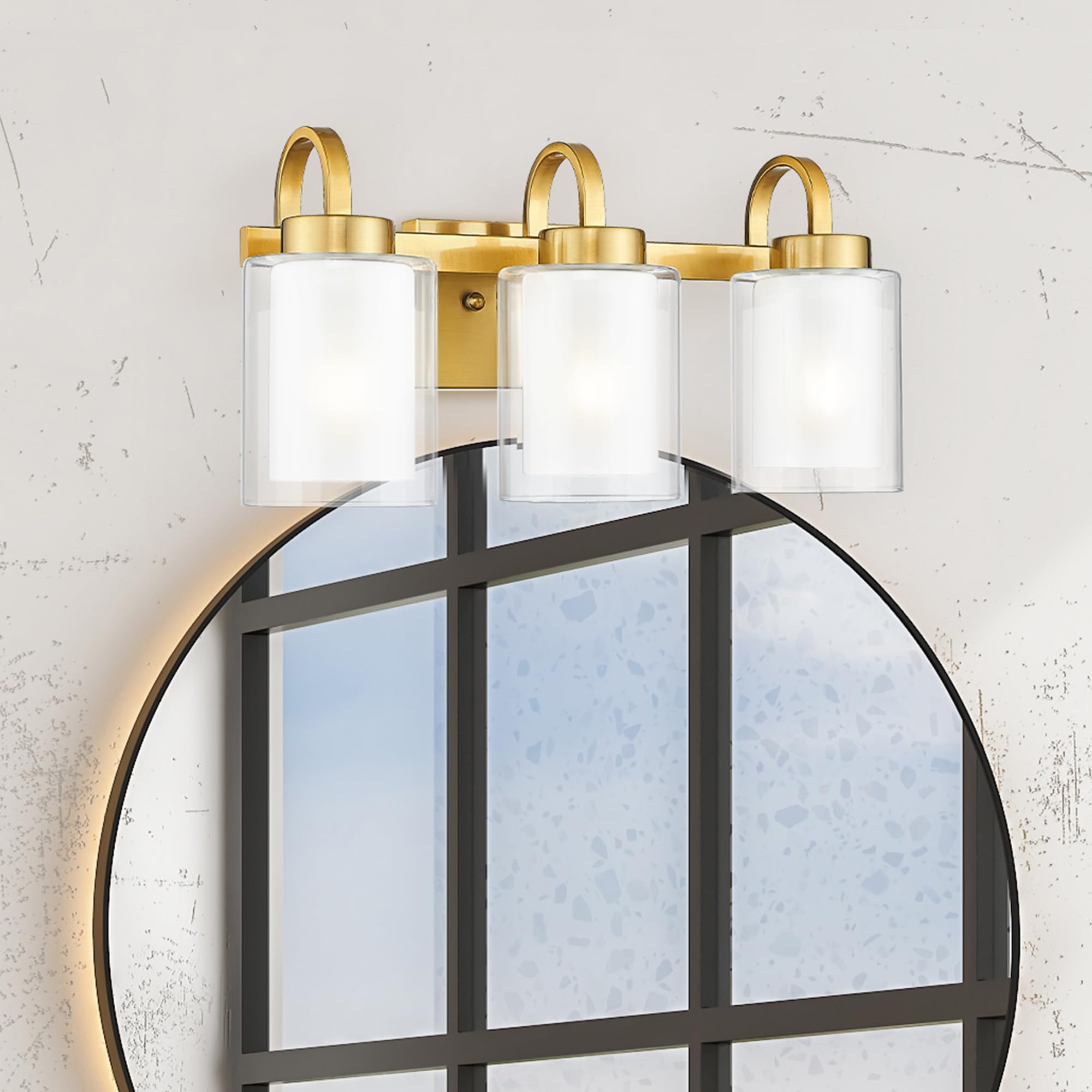 3-Light Bathroom Vanity Light, Brushed Nickel Vanity Light Over Mirror, Farmhouse Wall Sconces with Dual Glass Shade, Modern Wall Lamp for Bathroom Hallway Living Room