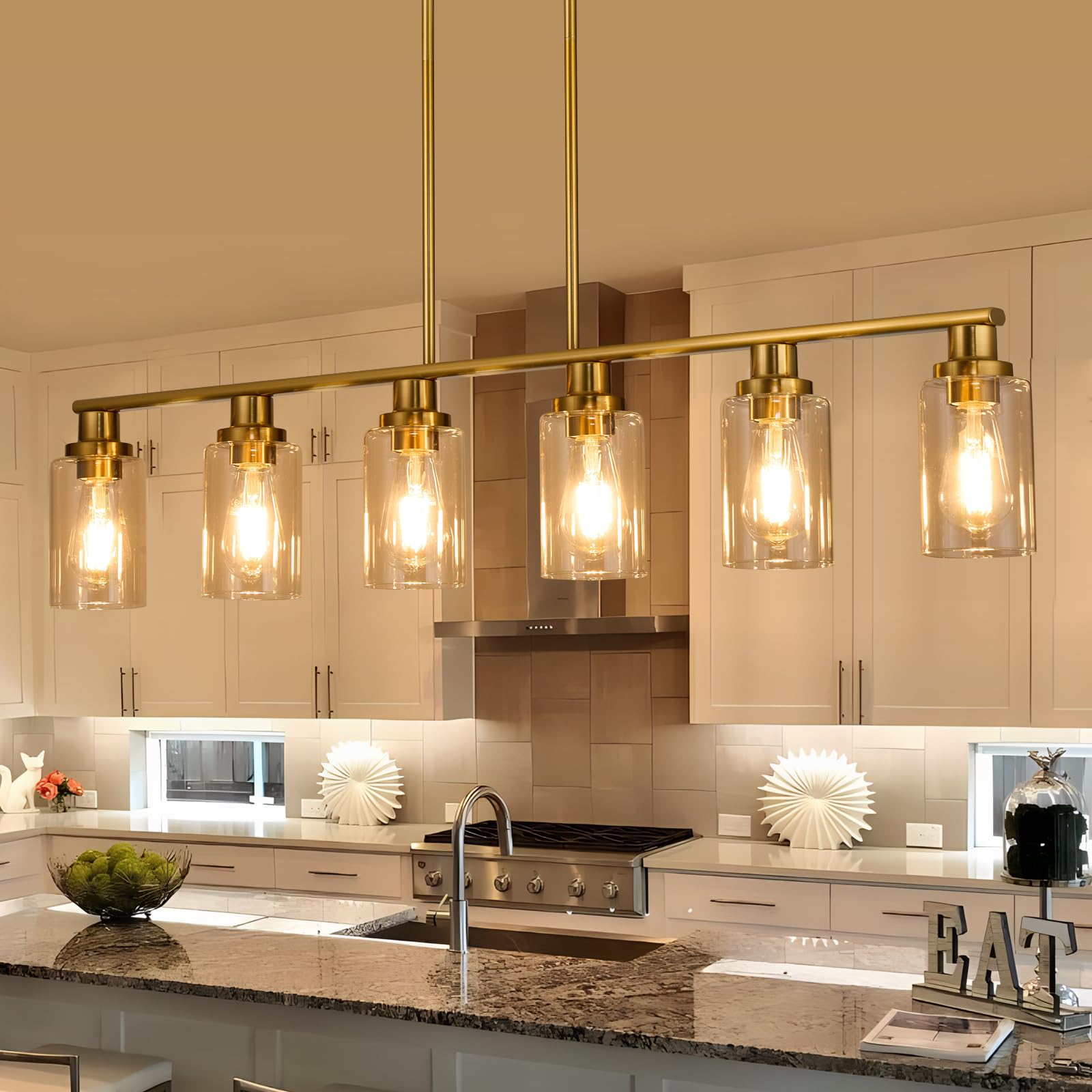 Kitchen Island Lighting, 4-Light Dining Room Light Fixtures Over Table, Gold Linear Chandelier for Dining Room Hanging,Pendant Lights Kitchen Island,with Clear Glass Shade,Height Adjustable