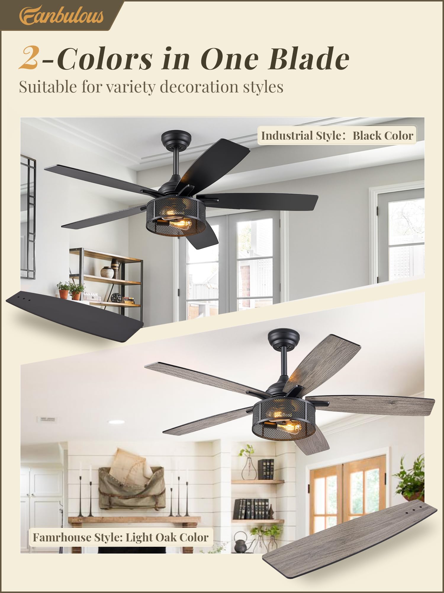 Farmhouse Ceiling Fans with Lights and Remote, 52 Inch Black Industrial Caged Ceiling Fans for Bedroom Living Room Kitchen, 6 Speed Reversible Quiet DC Motor, Dual Finish 5 Blades