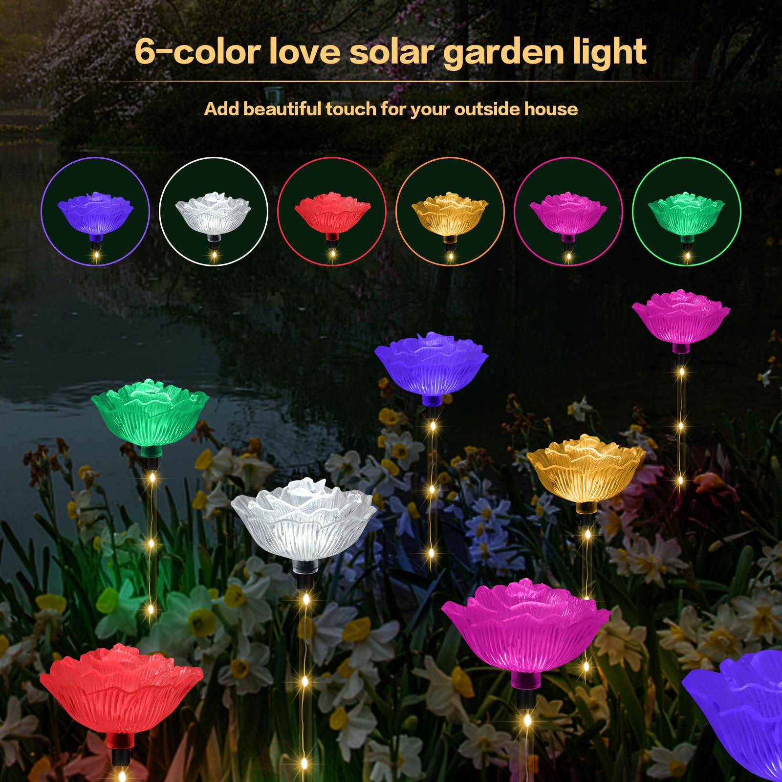 Solar Outdoor Lights,Set of 6 Solar Garden Lights with 6 Red Rose Flower,Waterproof Rose Stake Lights for Garden Yard Pathway Outside Decor