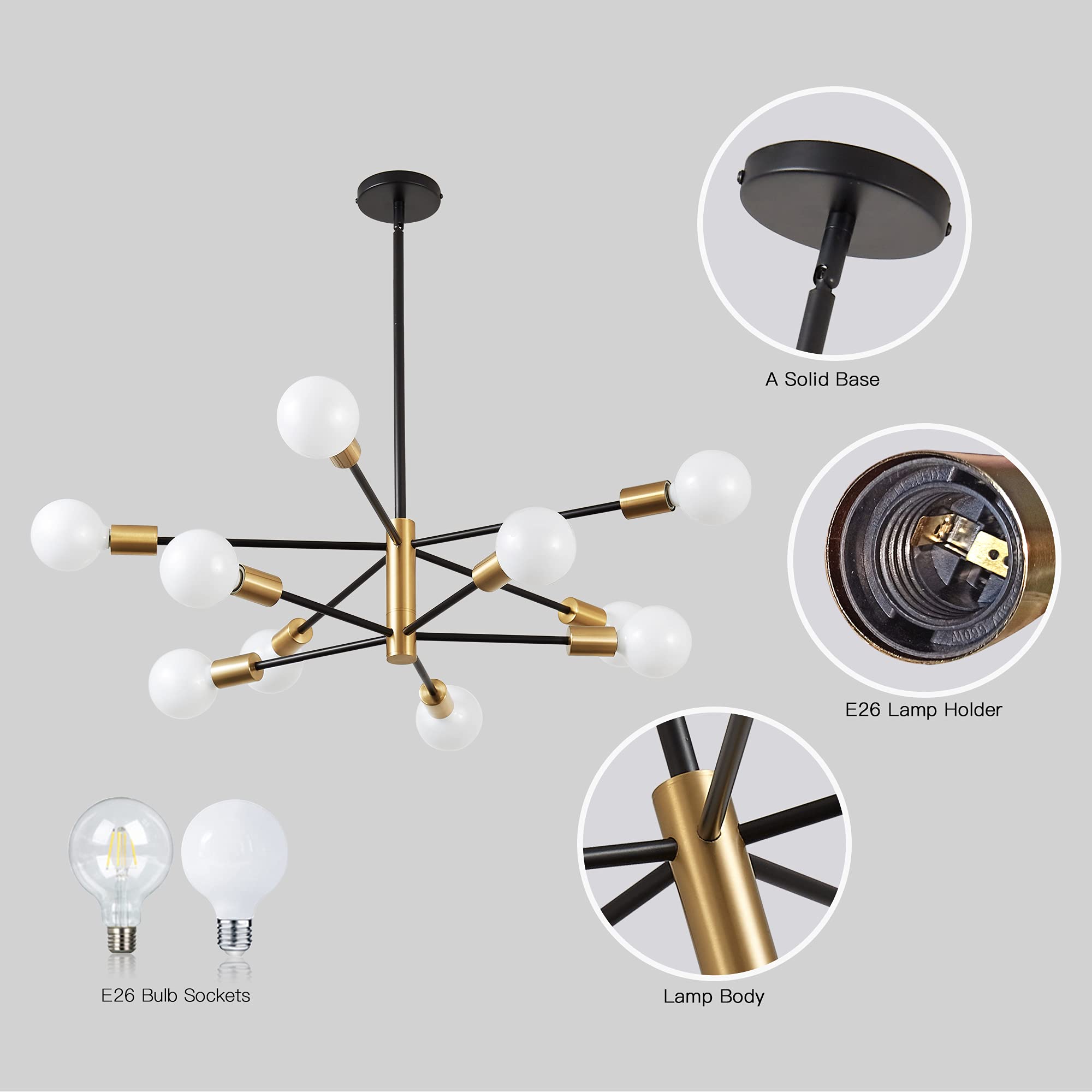 Sputnik Chandelier Modern Gold Chandelier 6-Light E26 Mid Century Ceiling Light Fixture Height Adjustable Hanging Pendant Lighting for Dining Room Kitchen Island Bedroom Office